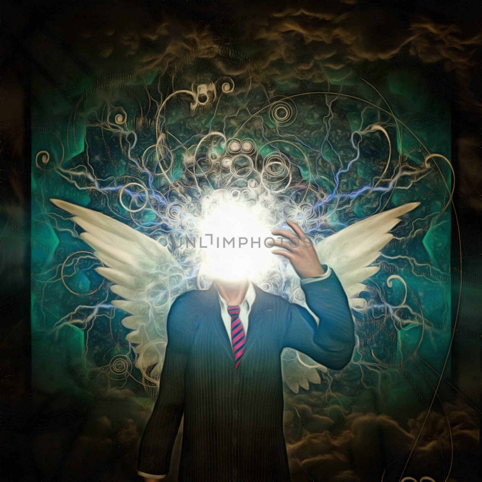 Surreal painting. Faceless man in suit with white wings. Clouds on a background.