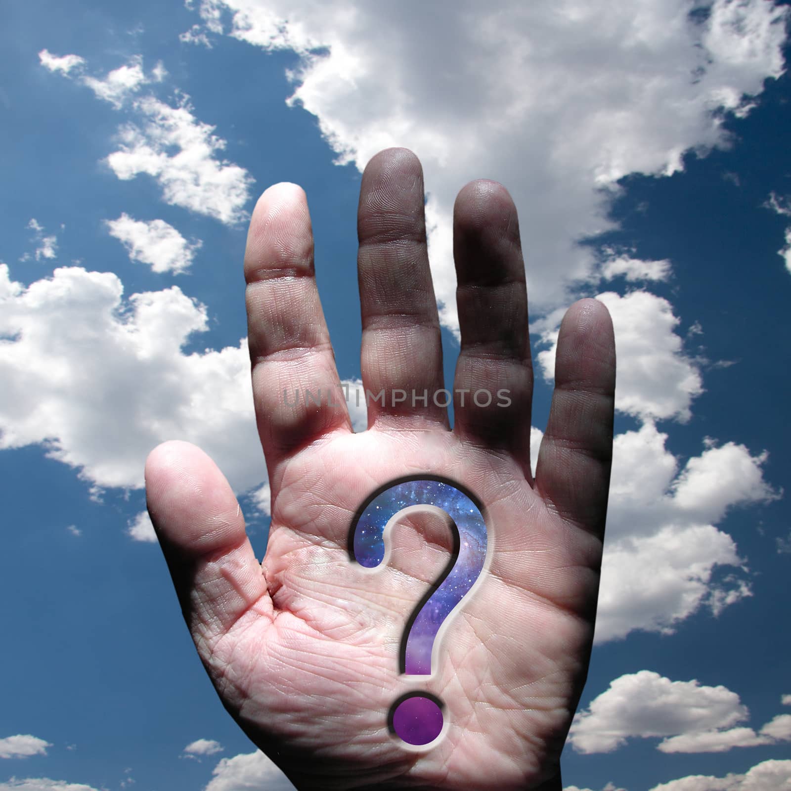 Hand with question mark and sky