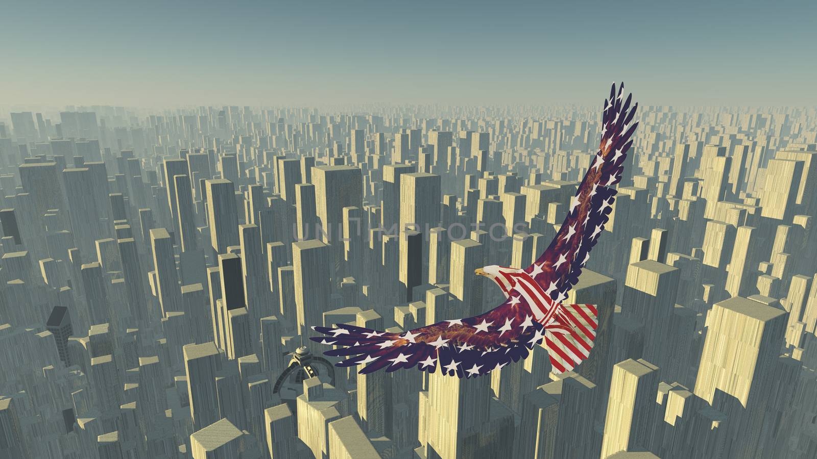 Eagle flies above futuristic megalopolis. 3D rendering