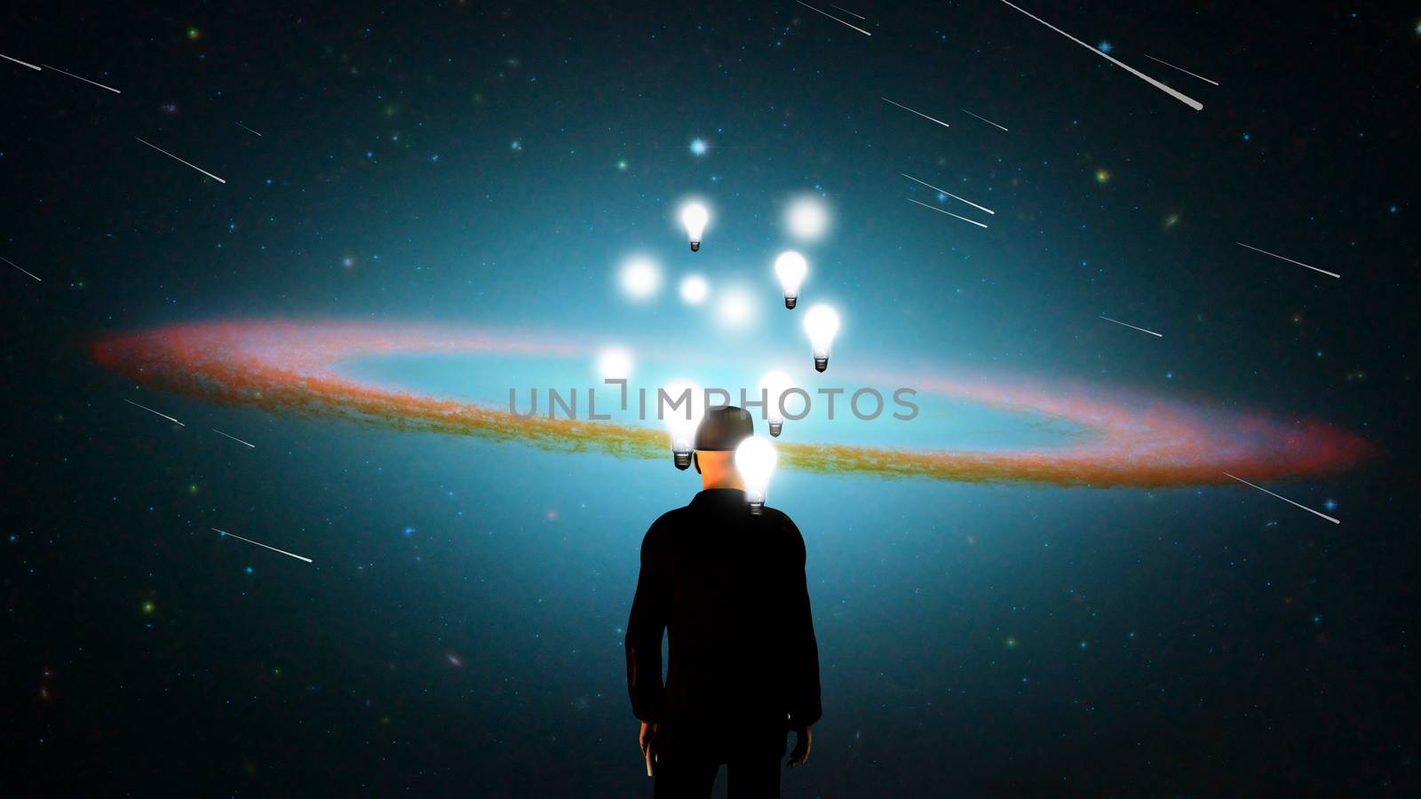Surreal composition. Man in suit stands before vivid universe. Lightbulbs represents thoughts and ideas. 3D rendering