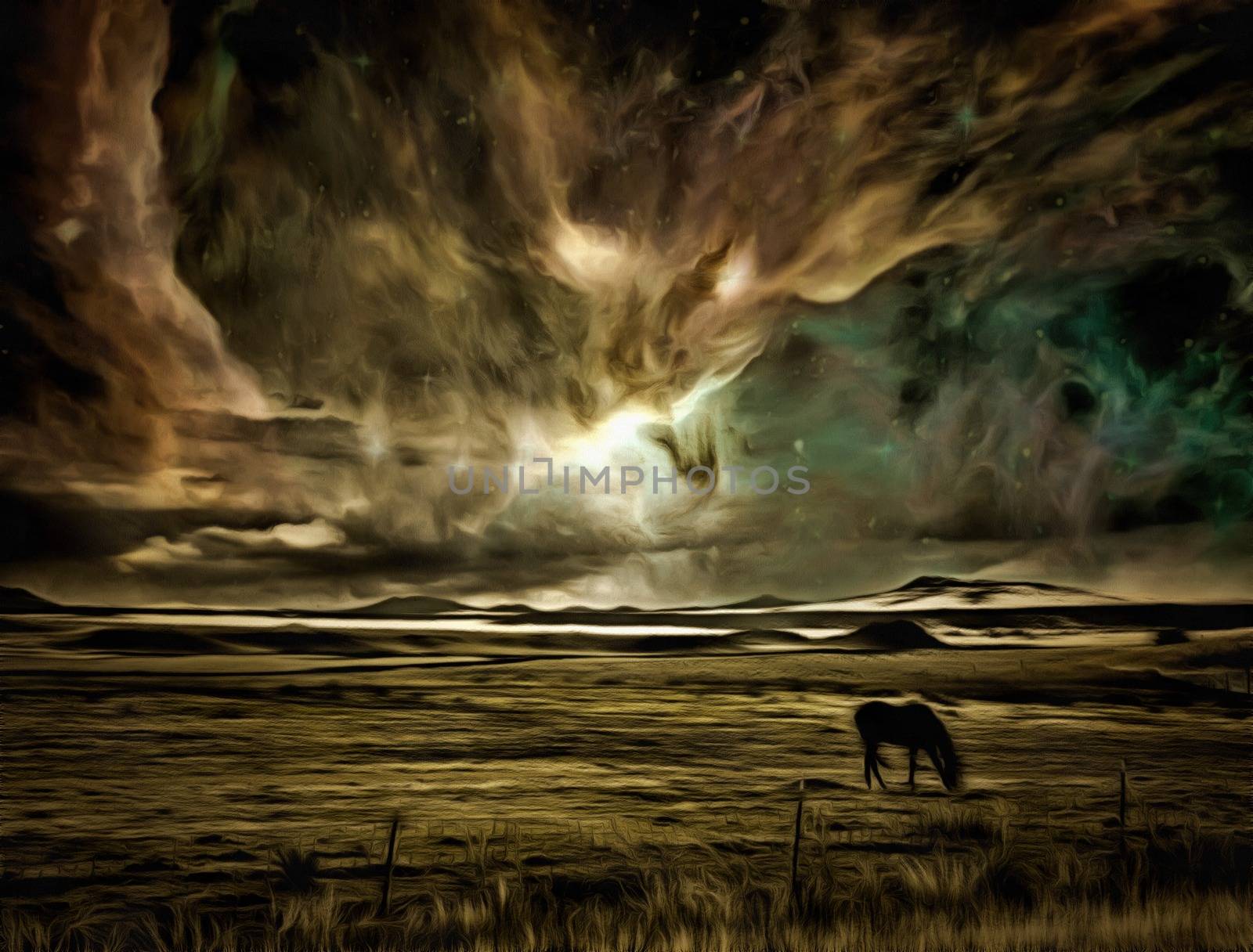 Surreal digital art. Horse grazes in the field. Vivid colorful sky with stars and galaxies.