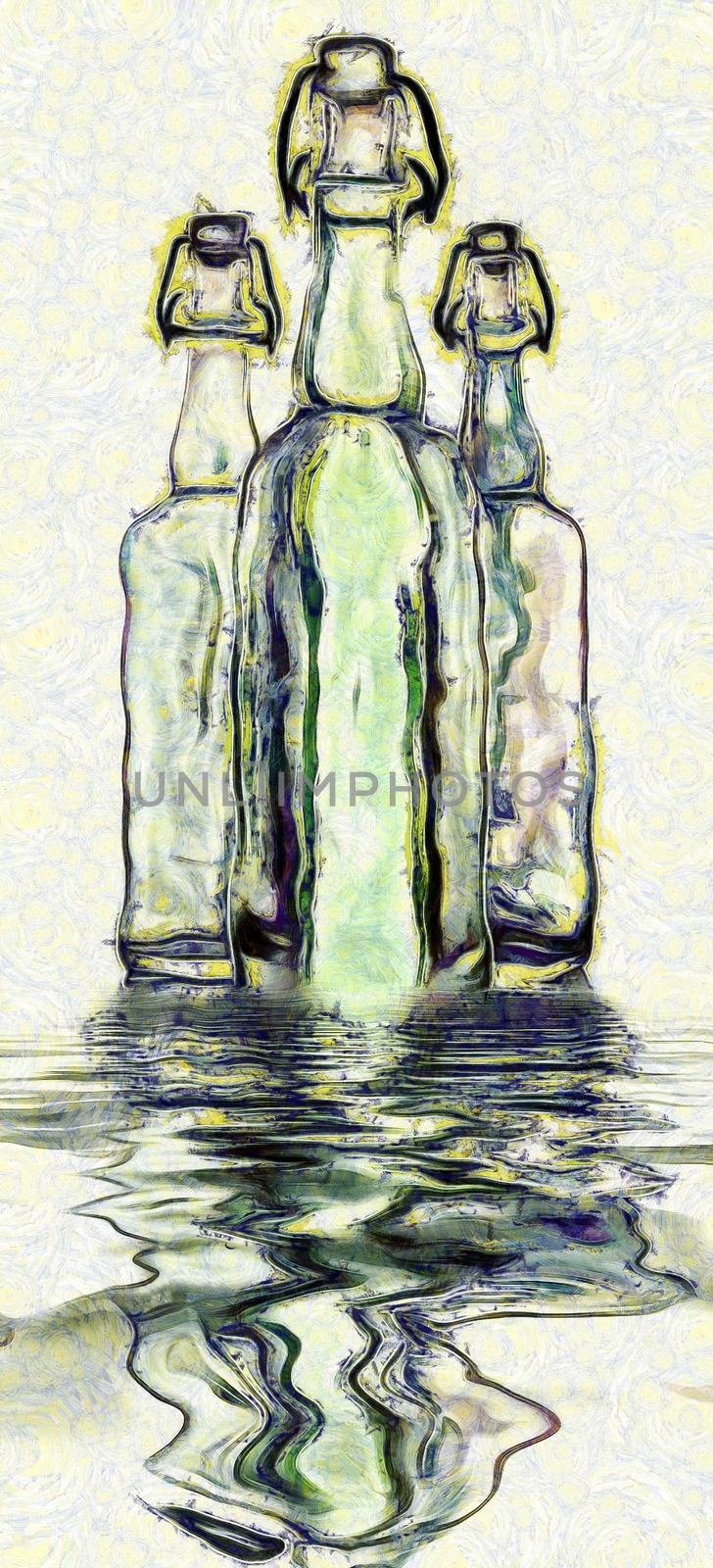 Modern art. Three glass bottles reflects in water.