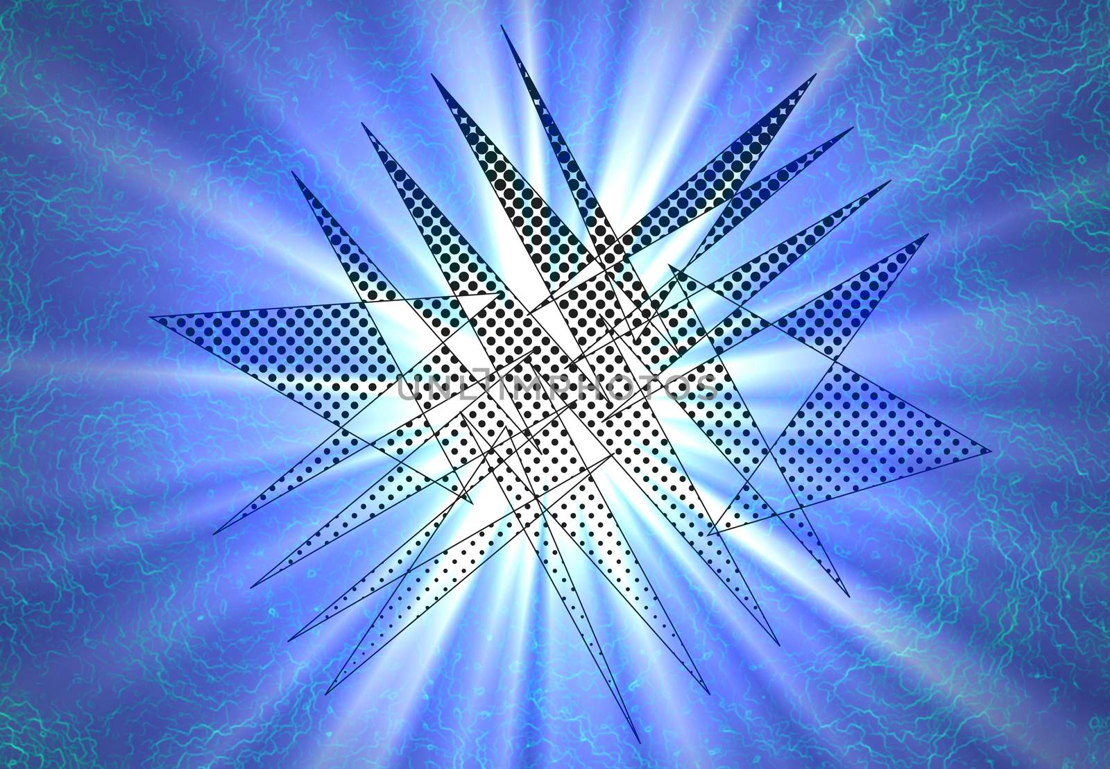 Abstract triangles figures and shining rays of light at the background. 3D rendering