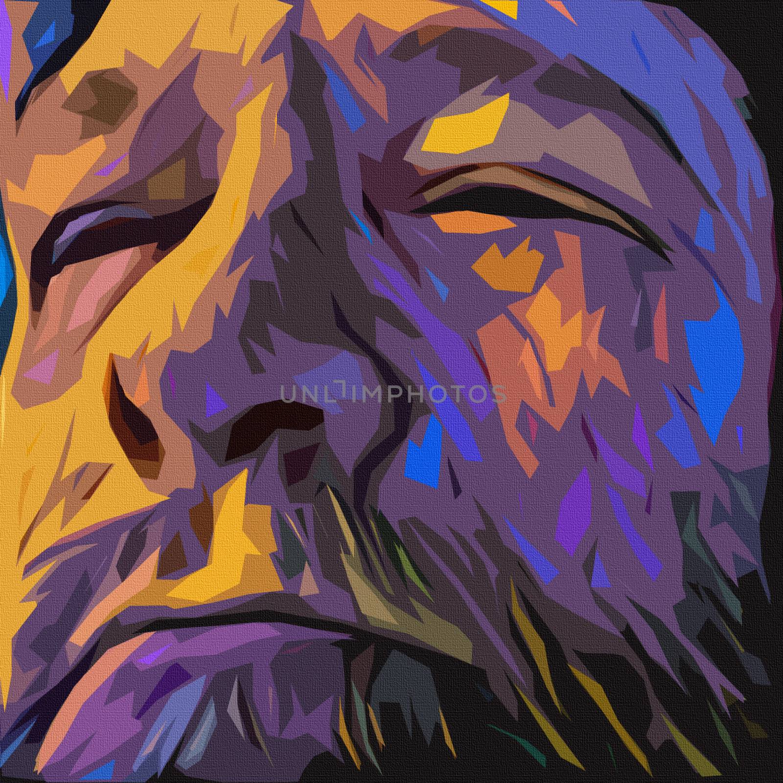 Surreal painting. Old man's face in purple colors.