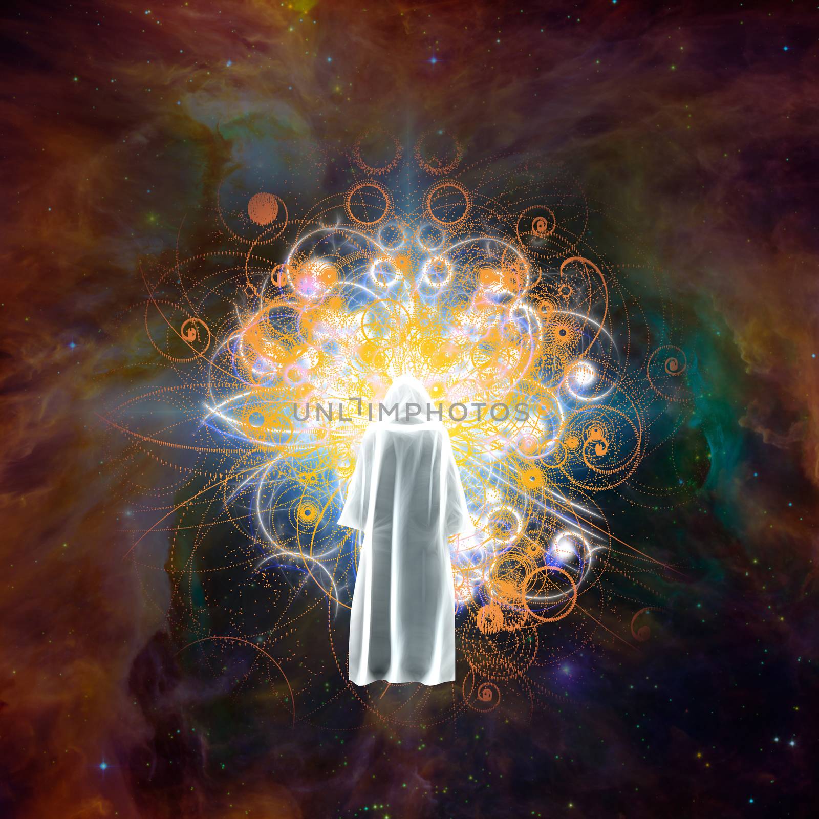 Surreal digital art. Figure in white cloak stands before bright light in colorful universe.
