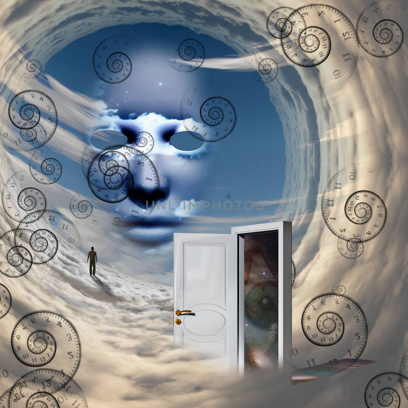 White door, God's face, man walking on a cloud