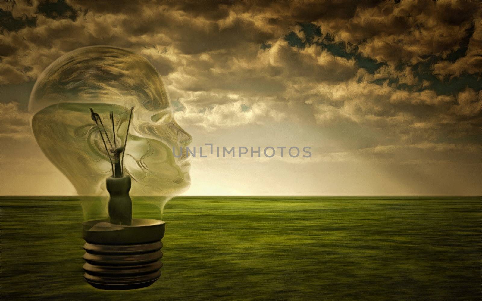 Surreal painting. Light bulb on a field.