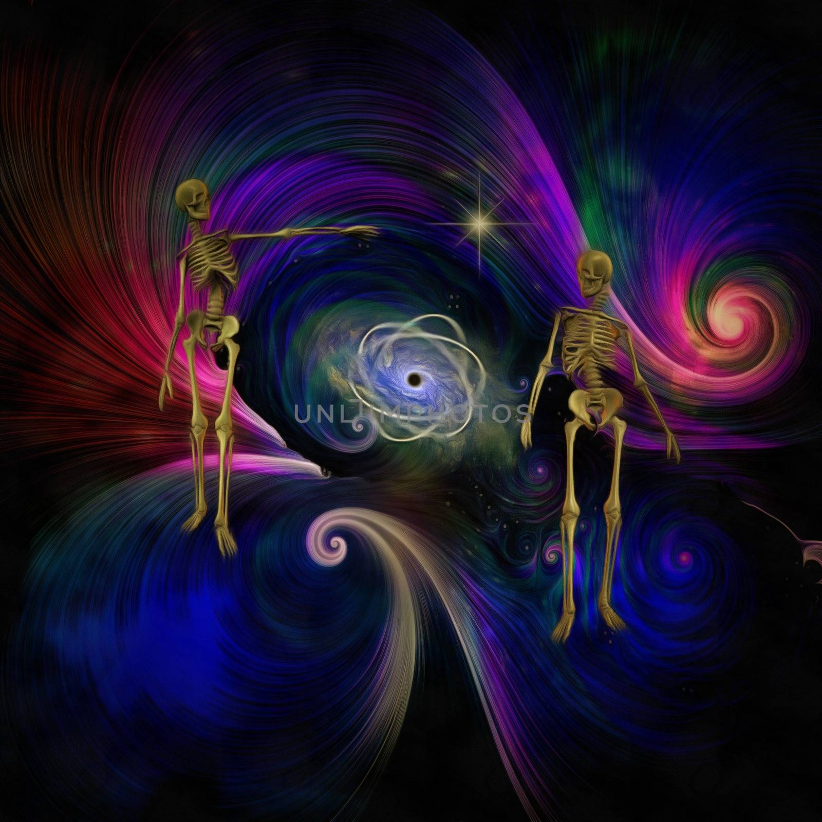 Surreal painting. Black hole or atom core in a center of universe. Two skeletons stands near.
