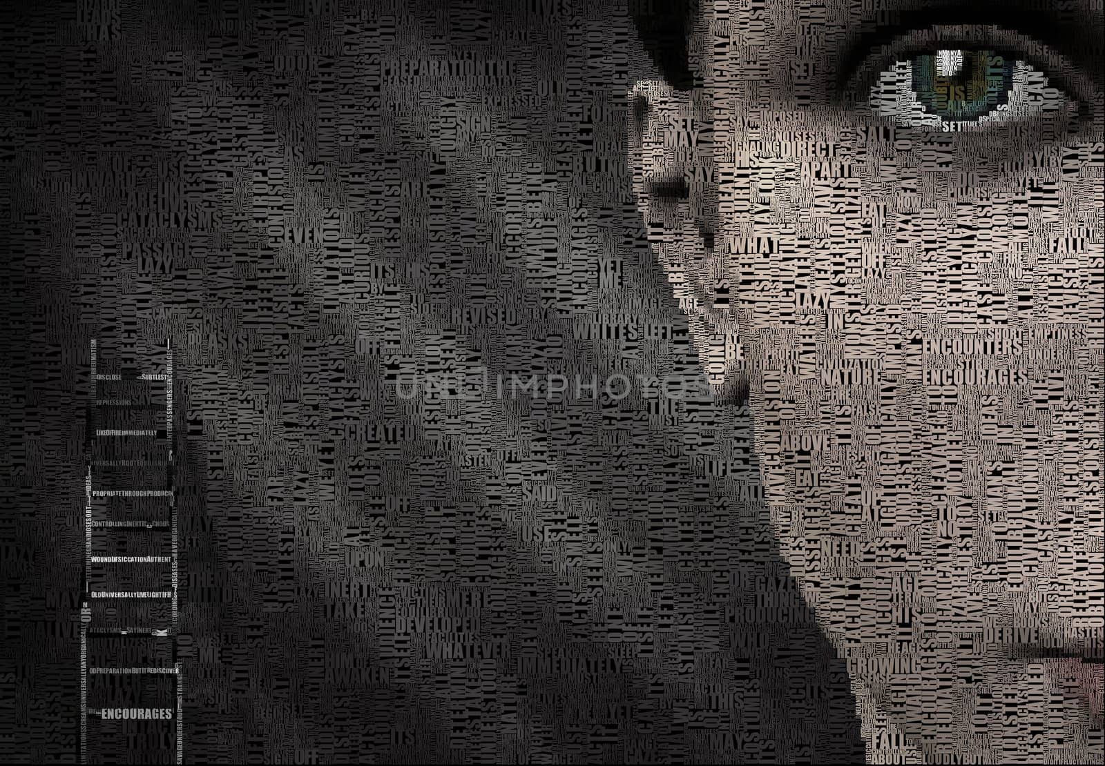 Surreal digital art. Woman's face and ladder. Picture is composed entirely of the words.