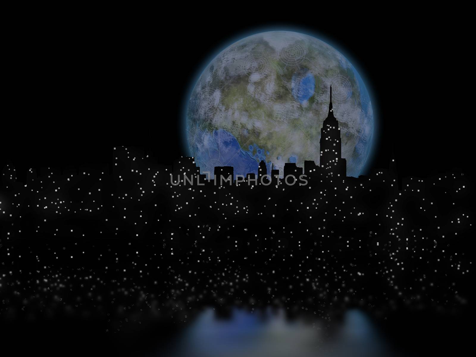 3D rendering. Terraformed moon over night city.