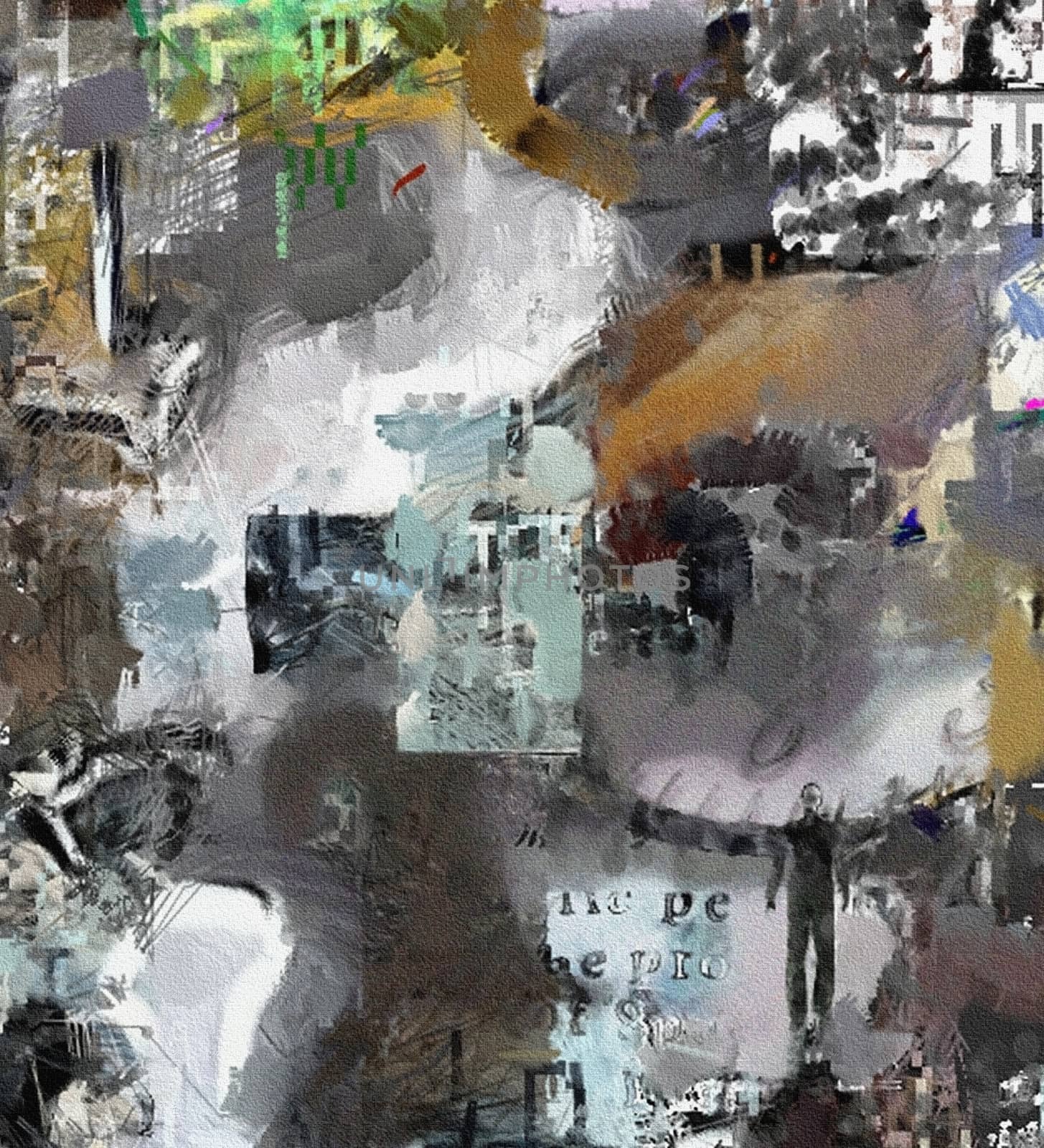Complex abstract painting. Text, brush strokes, men's silhouette and clock face.