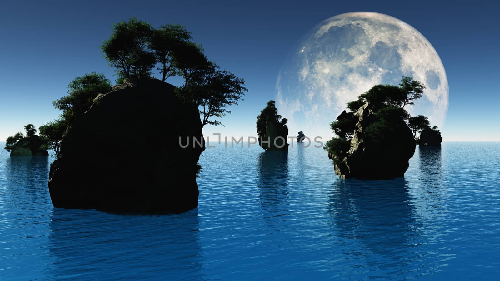 Small islands with green trees. Big moon rising. 3D rendering