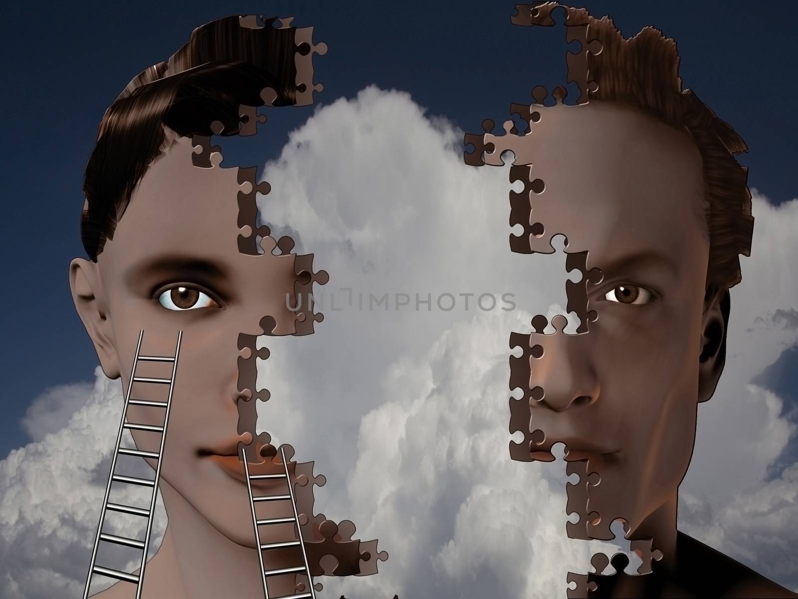 Metaphor. Faces of Man and Woman half puzzled
