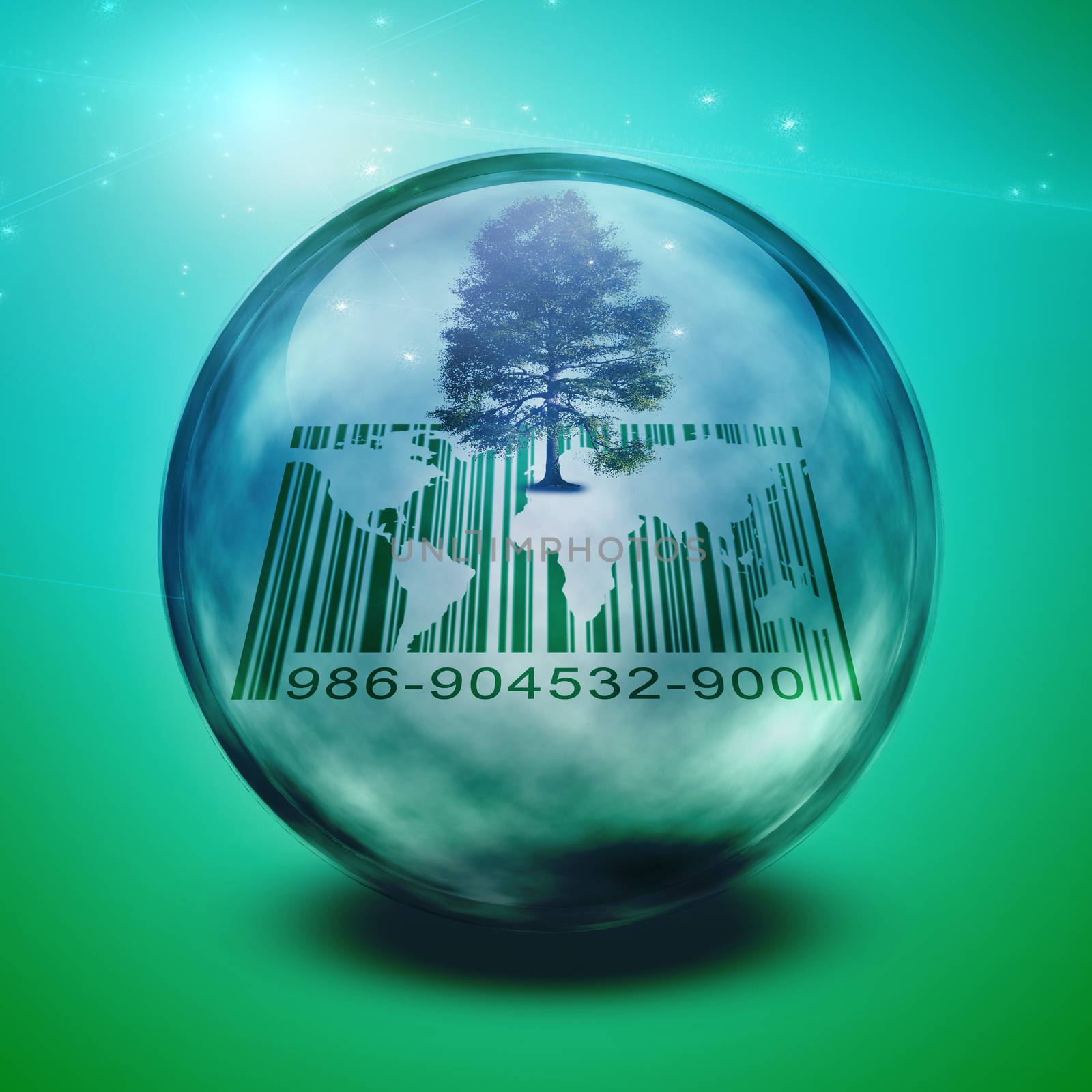 Green tree and barcode inside bubble.