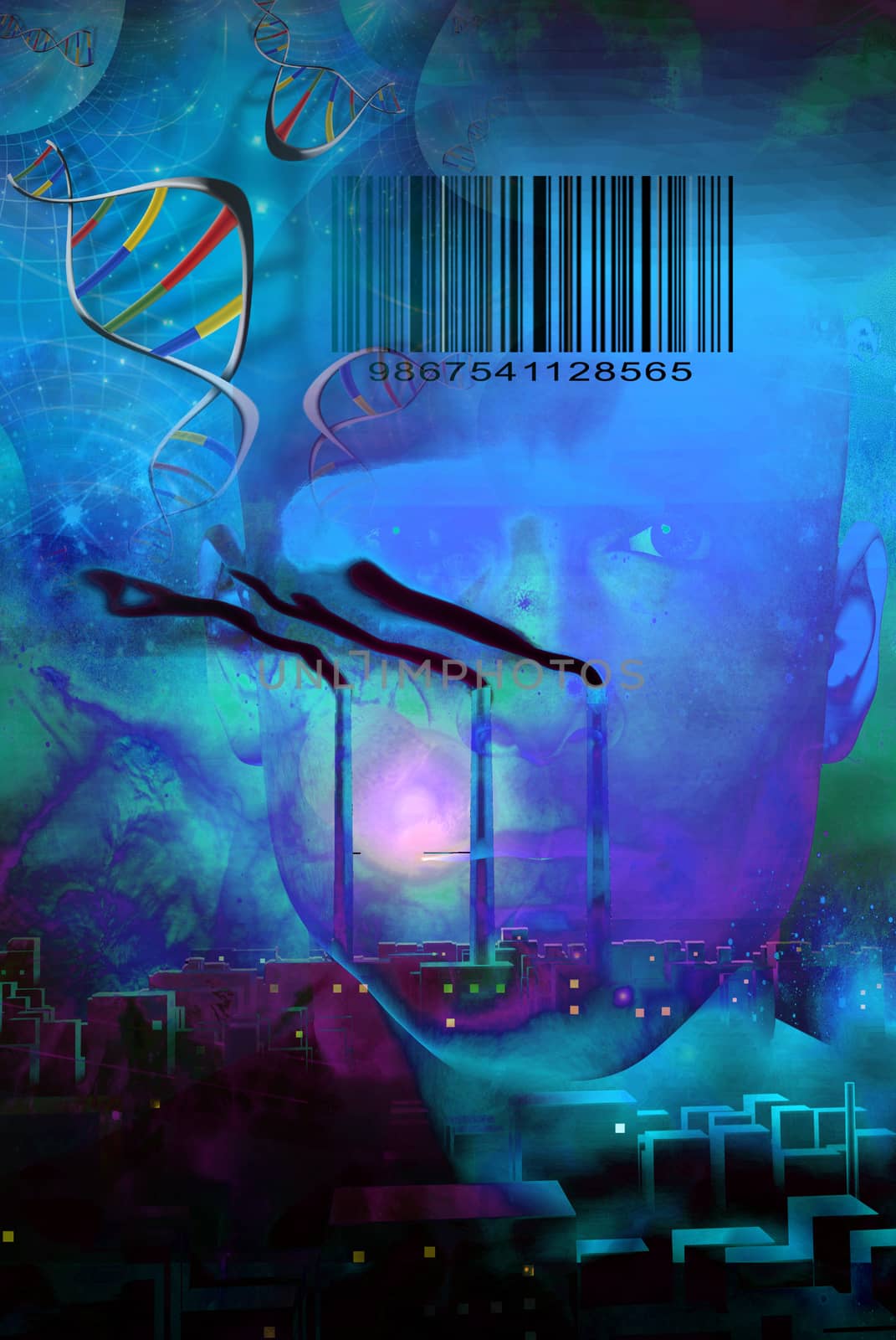 Night city with factory pipes. Face, DNA chaine and barcode.