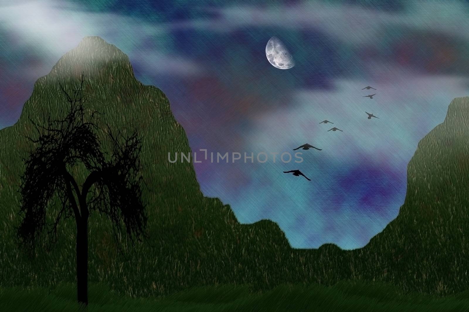 Composition with naked tree in green mountains. Birds flies to the full moon
