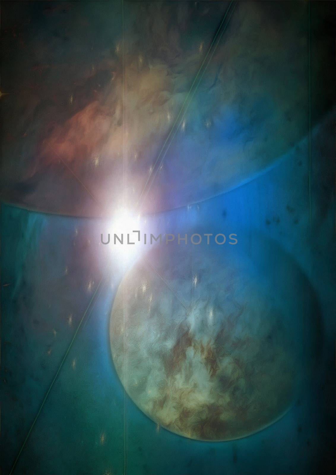 Surrealism. Sun is rising behind the planets.