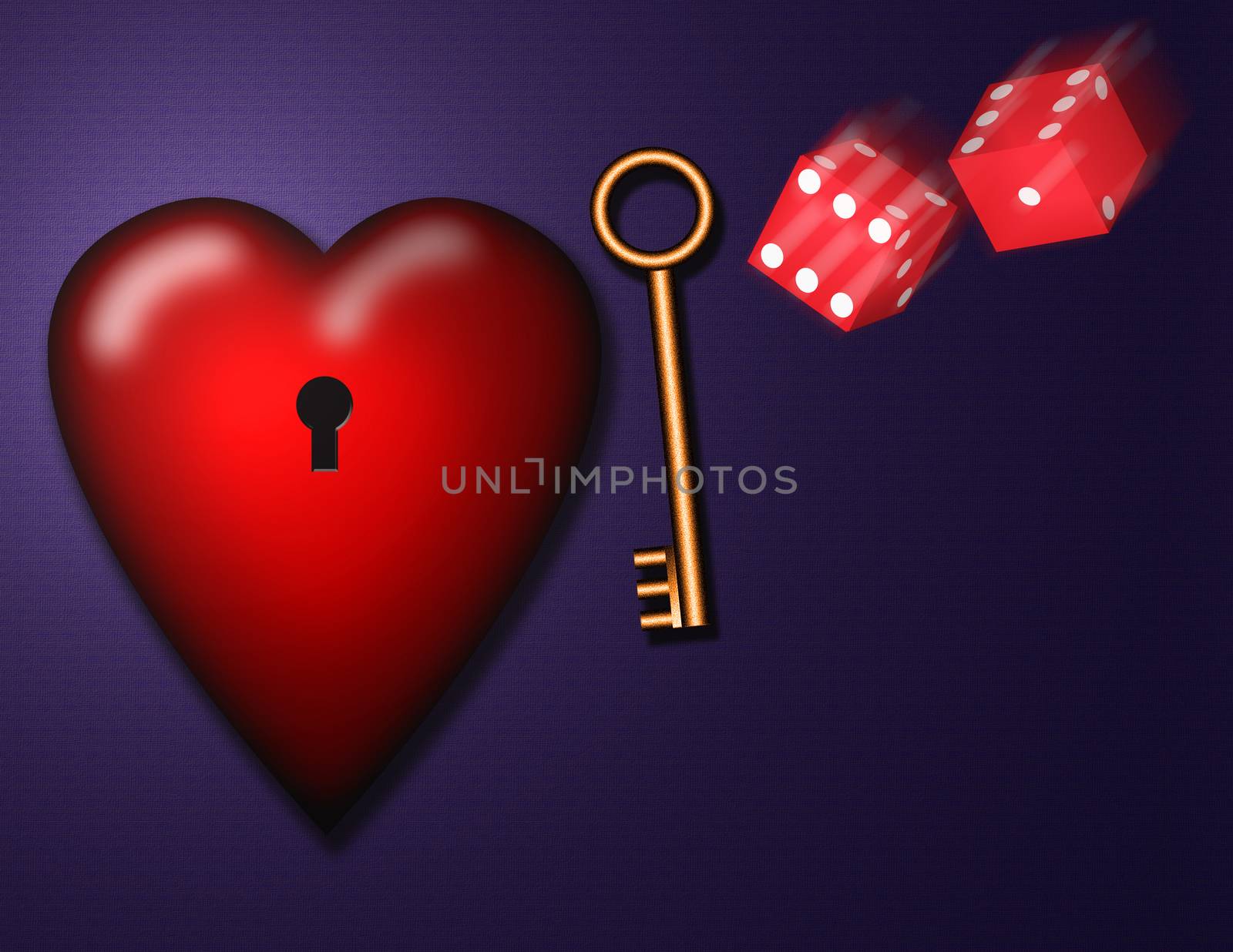 Heart with keyhole. Golden key and dice.