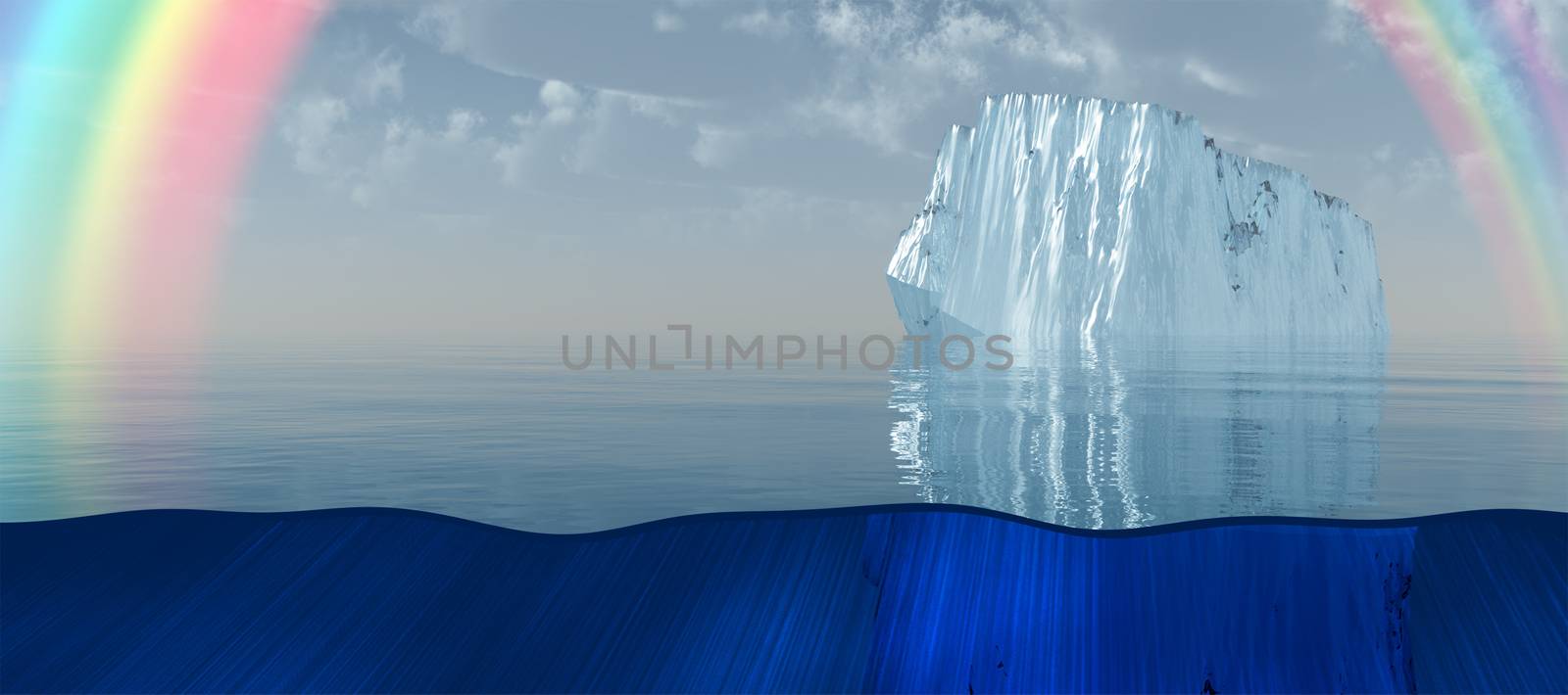 iceberg and rainbow at sea. 3D Illustration