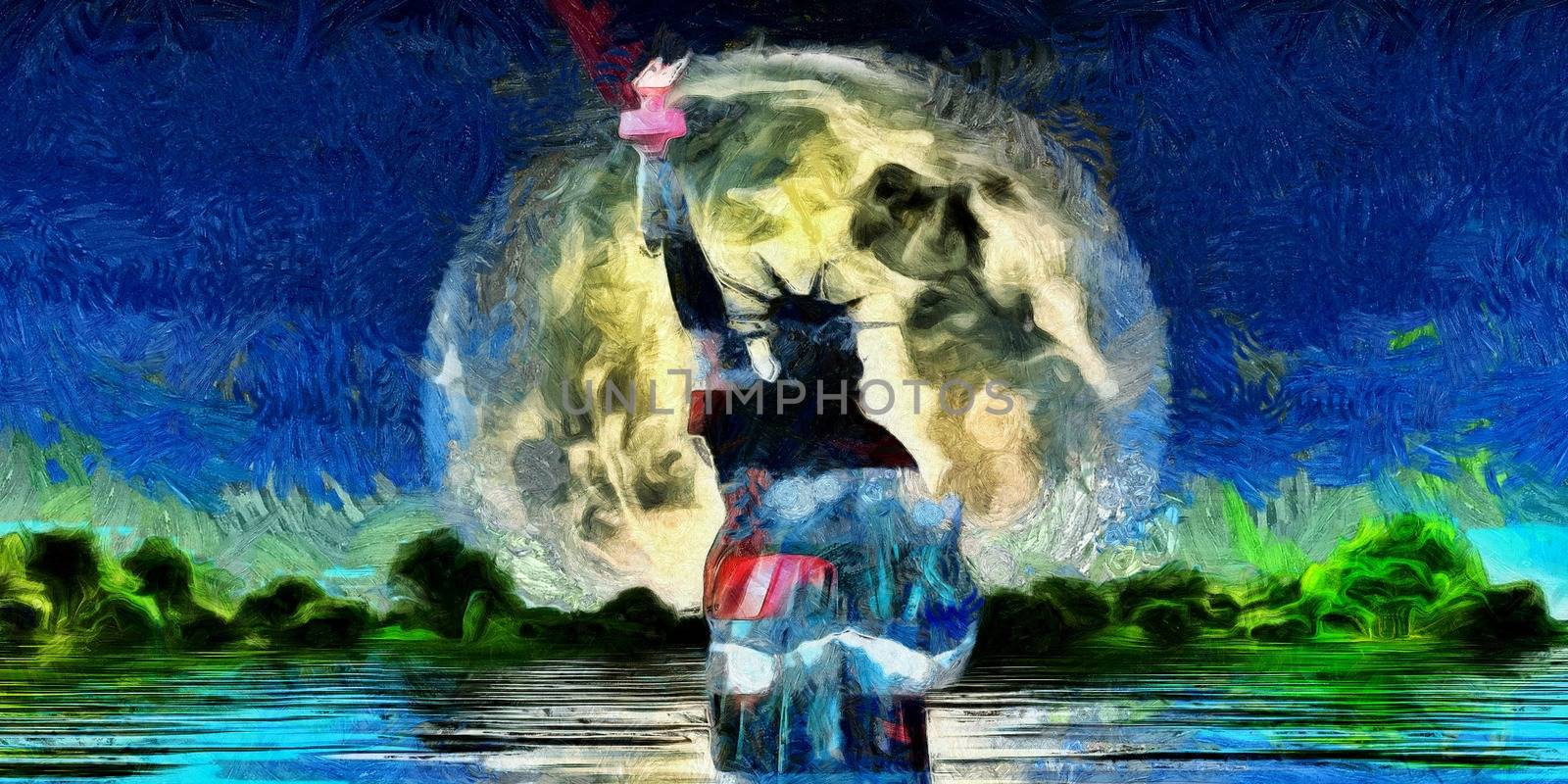 Oil paint, moonrise over green horizon. Liberty Statue
