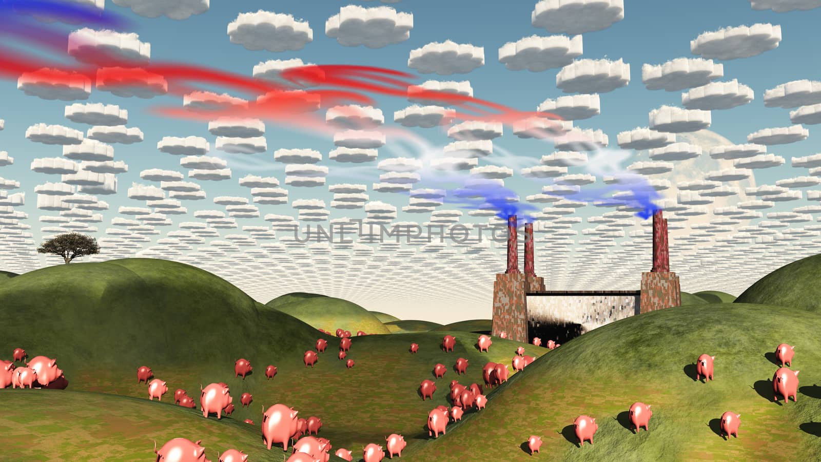 Surreal landscape with factory and pigs moviong toward factory