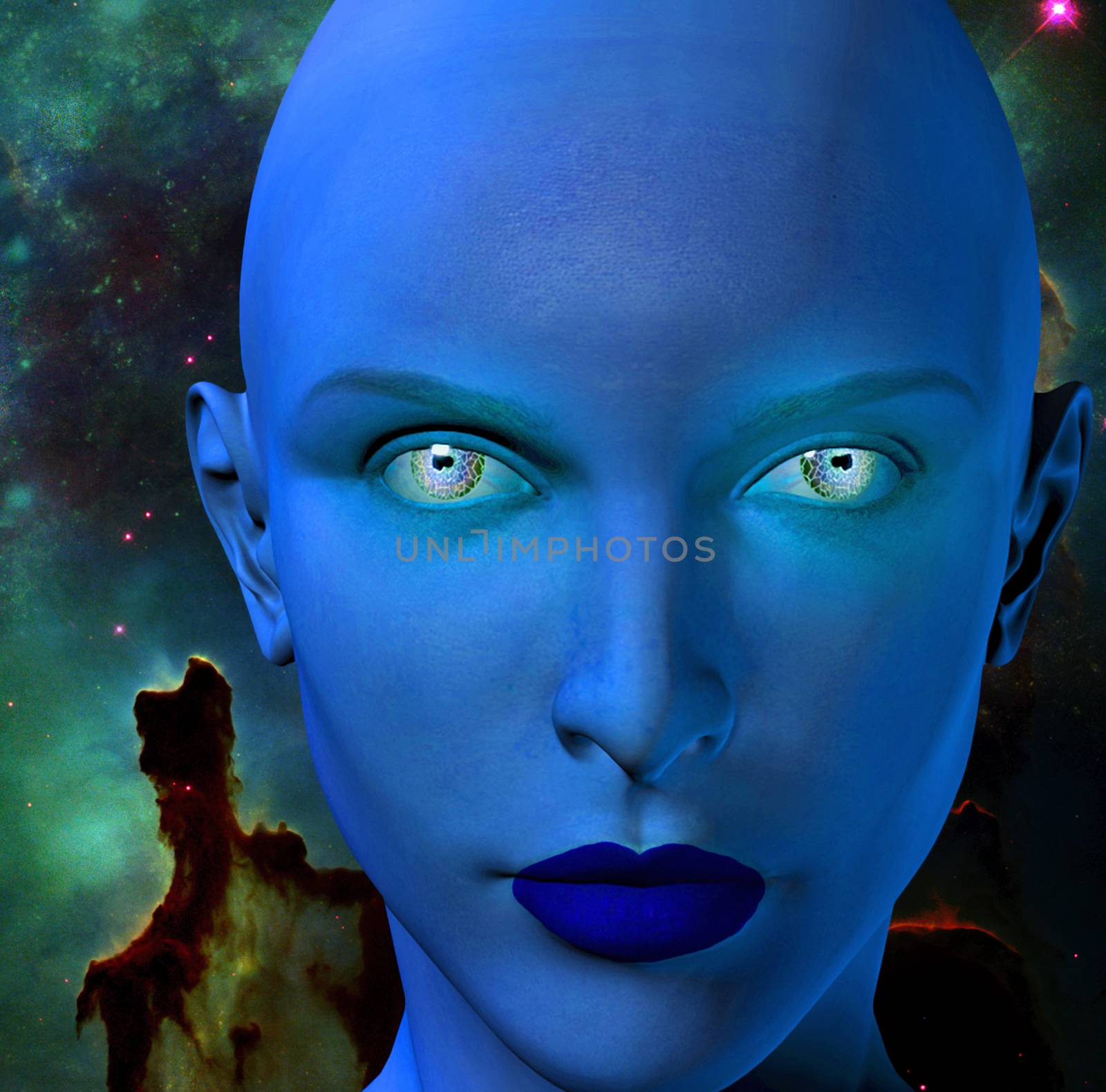 The face of female alien. Colorful universe on a background.