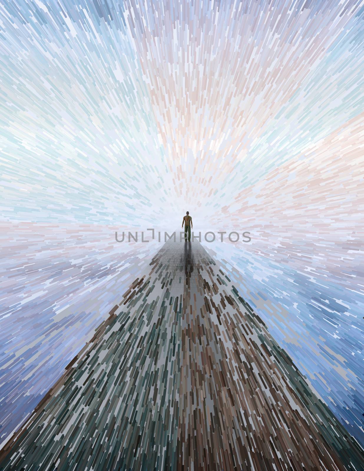 Surreal composition. Man on stone road to another world.