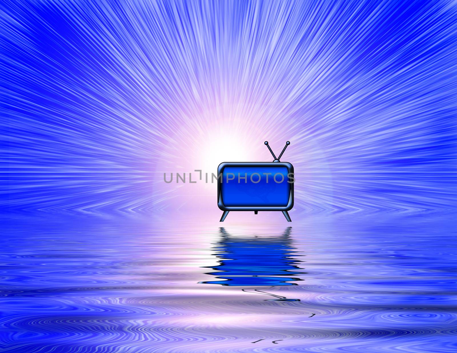 Old TV set on abstract burst blue background and water surface