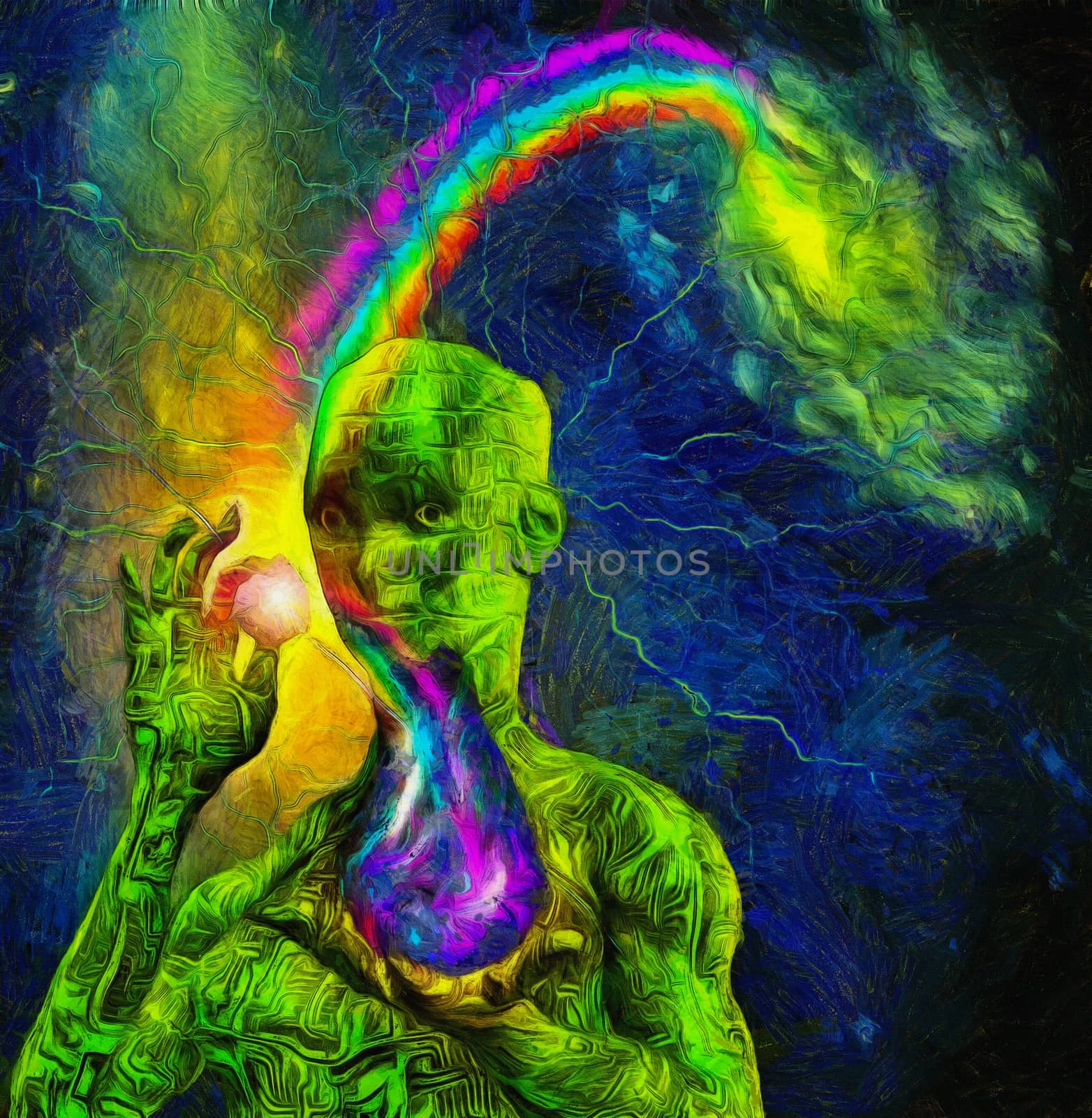 Surreal composition. Droid holds elements of life. Rainbow, lightnings and galaxy on a background.