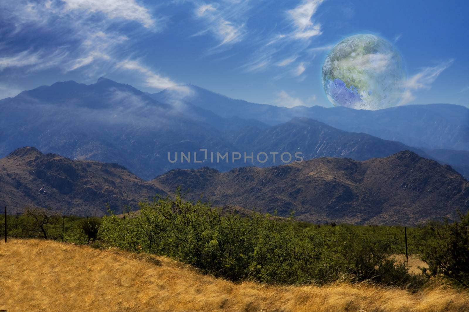 Mountain Vista. Terraformed moon seen from the Earth. 3D rendering