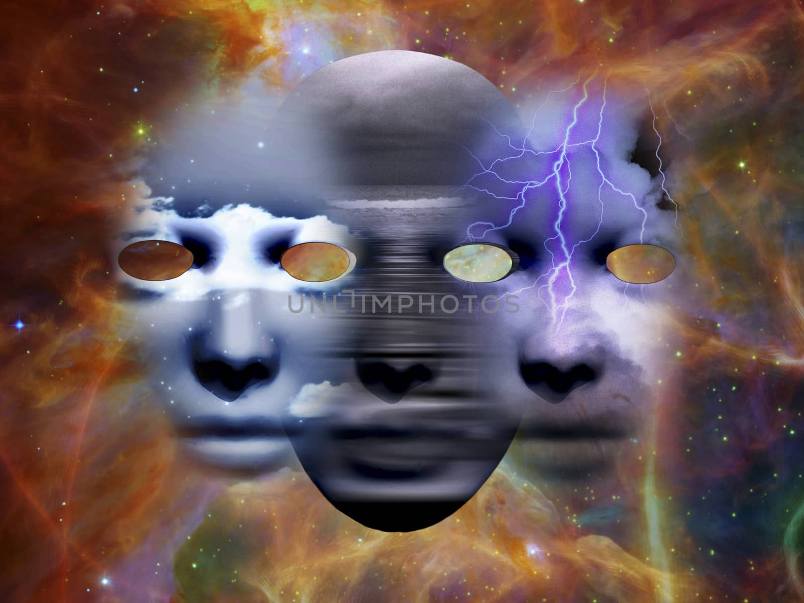 Surreal composition. Masks in the space