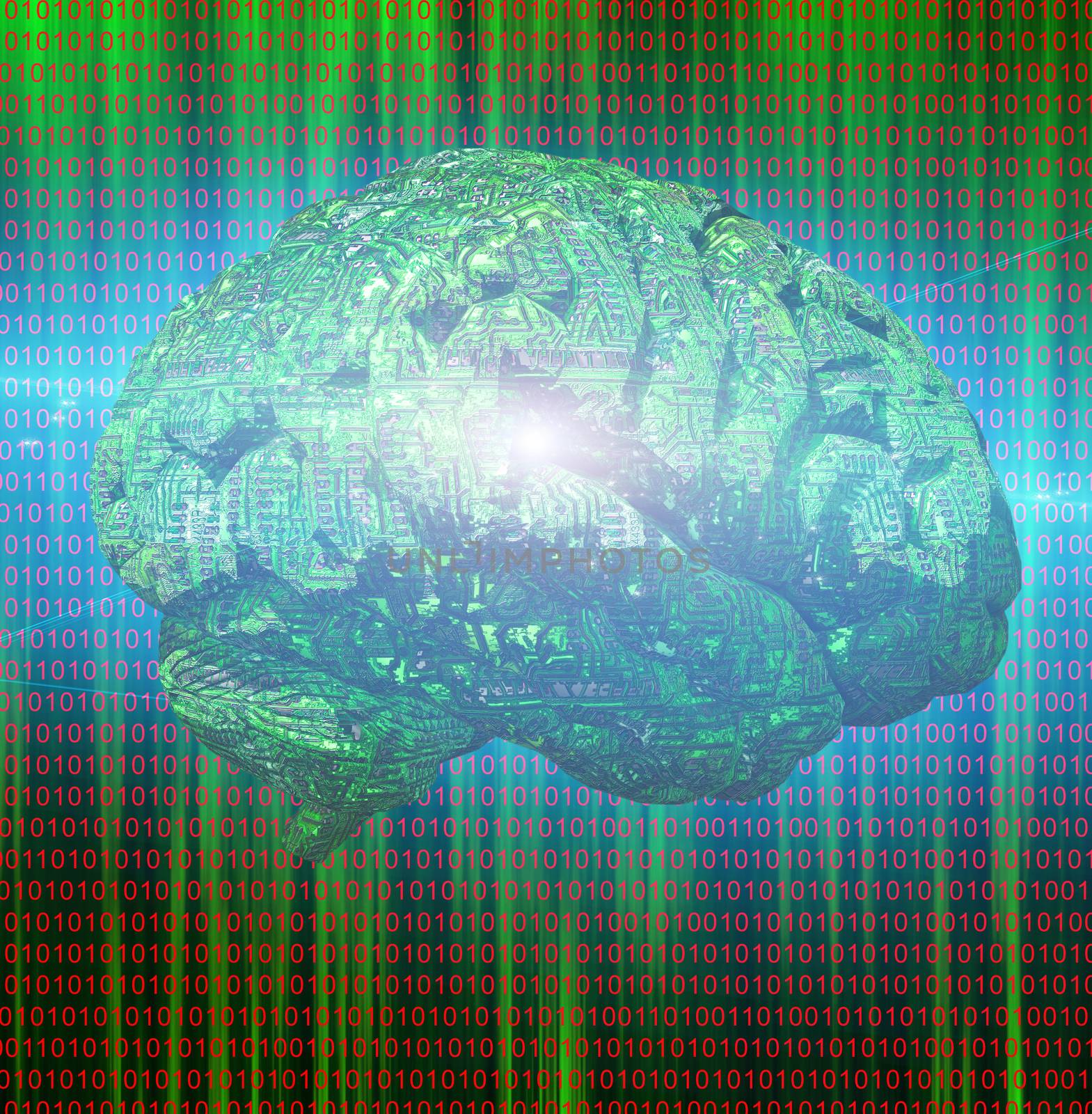 Electronic Brain on binary code background
