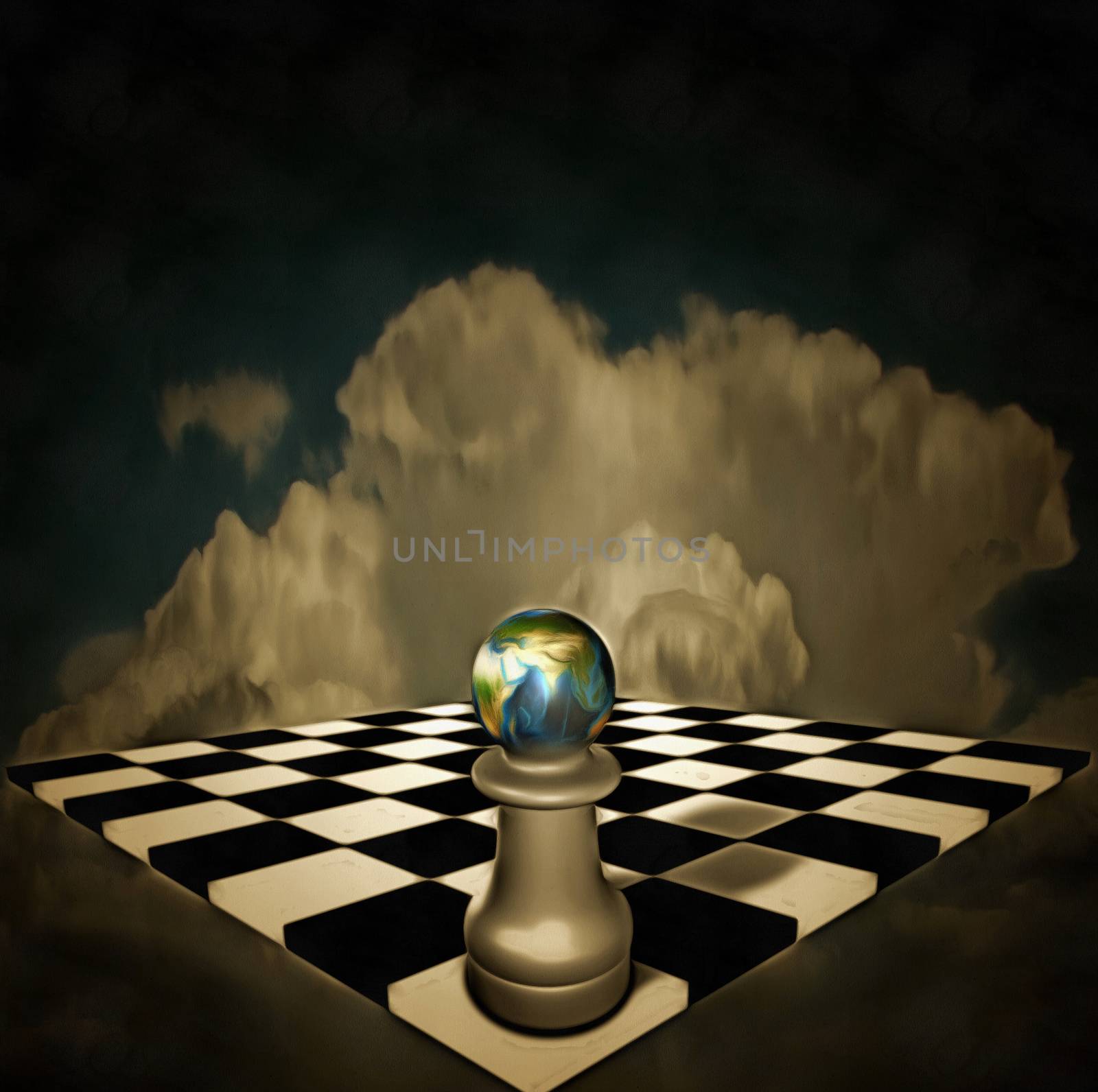 Surreal composition. Chessboard and figure with planet Earth hovers in the sky.