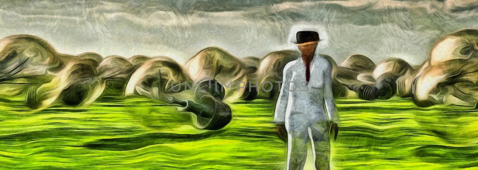Surreal painting. Man in white suit stands in field with giant light bulbs.