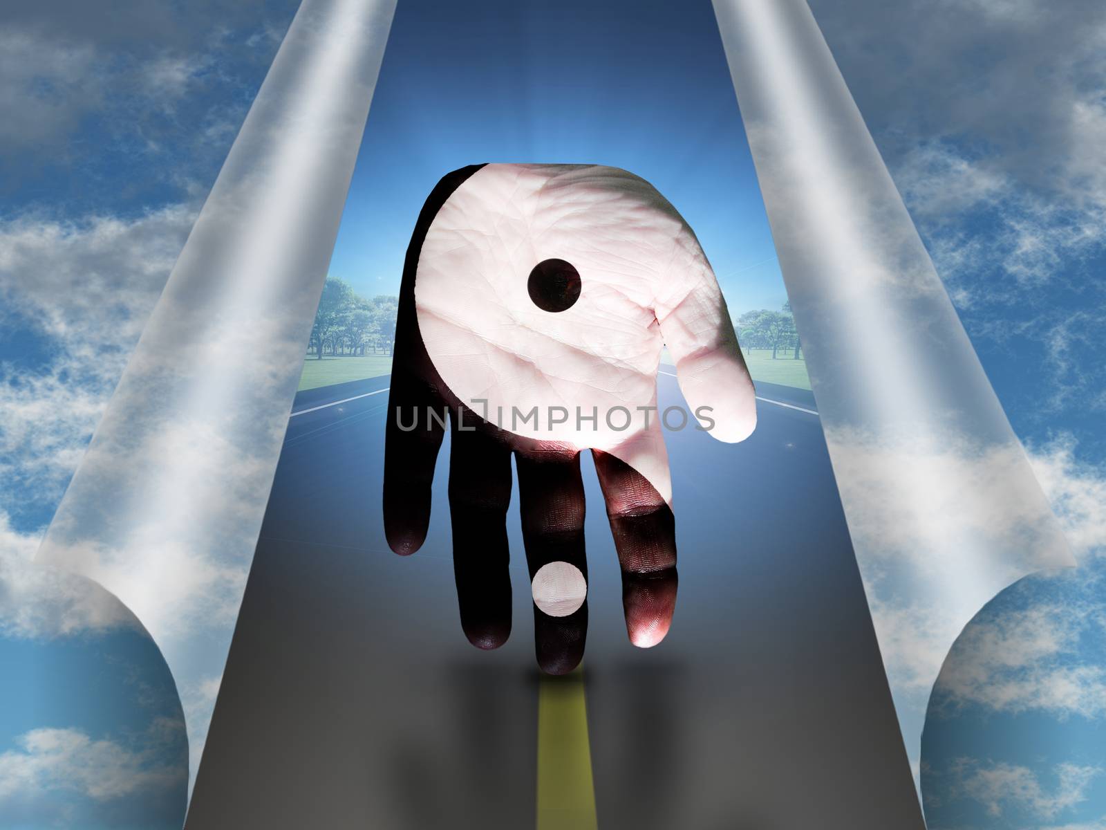 Open sky curtaine. Yin Yang Hand on a Road