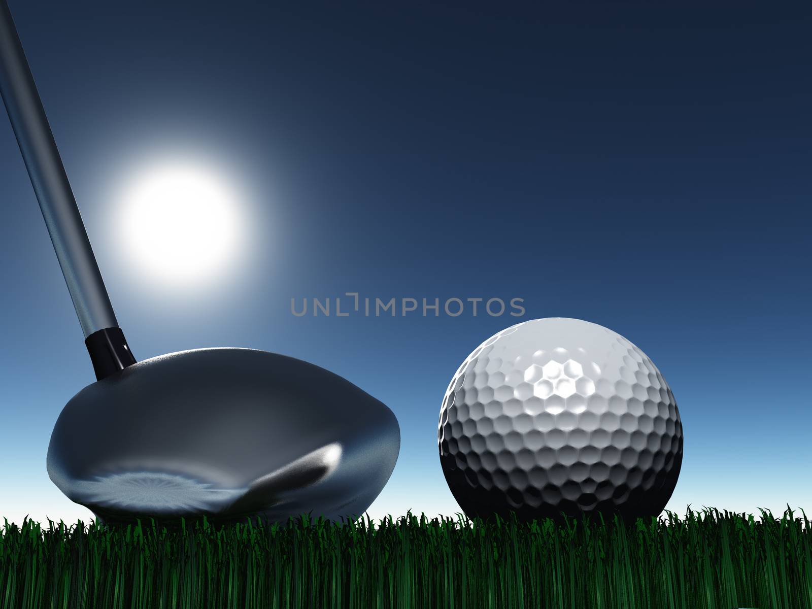 Golf club and ball on green field