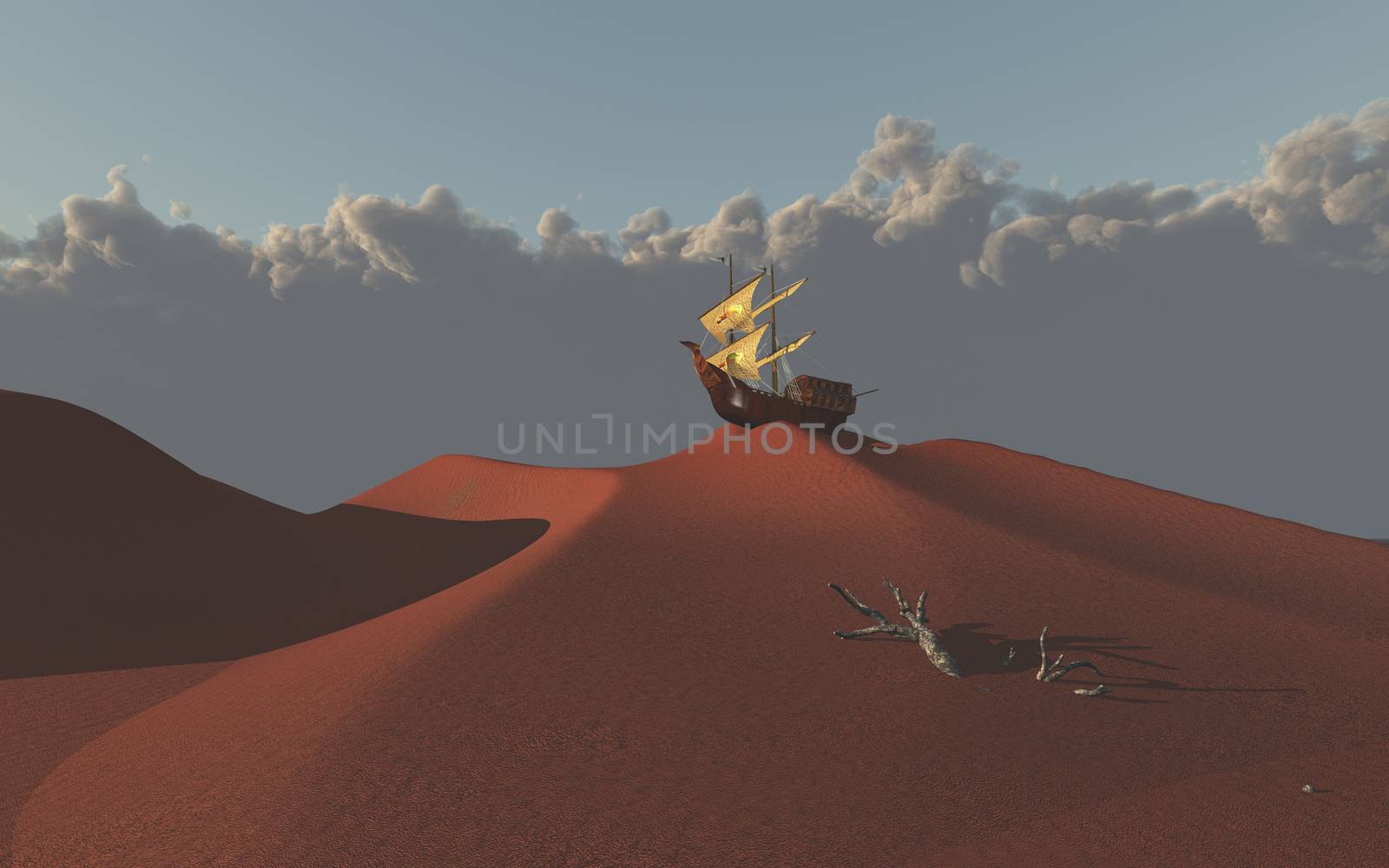 Old sailing ship atop red desert sand dune