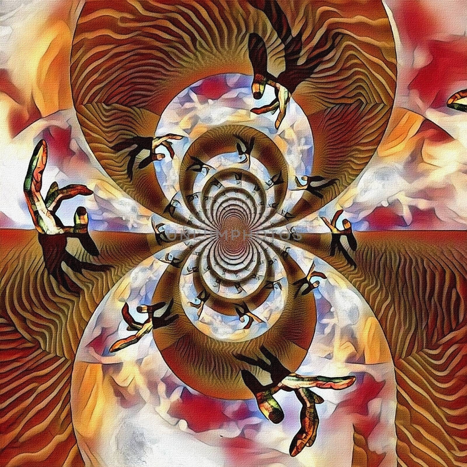 Abstract painting. Mirrored round fractal with God's hands.