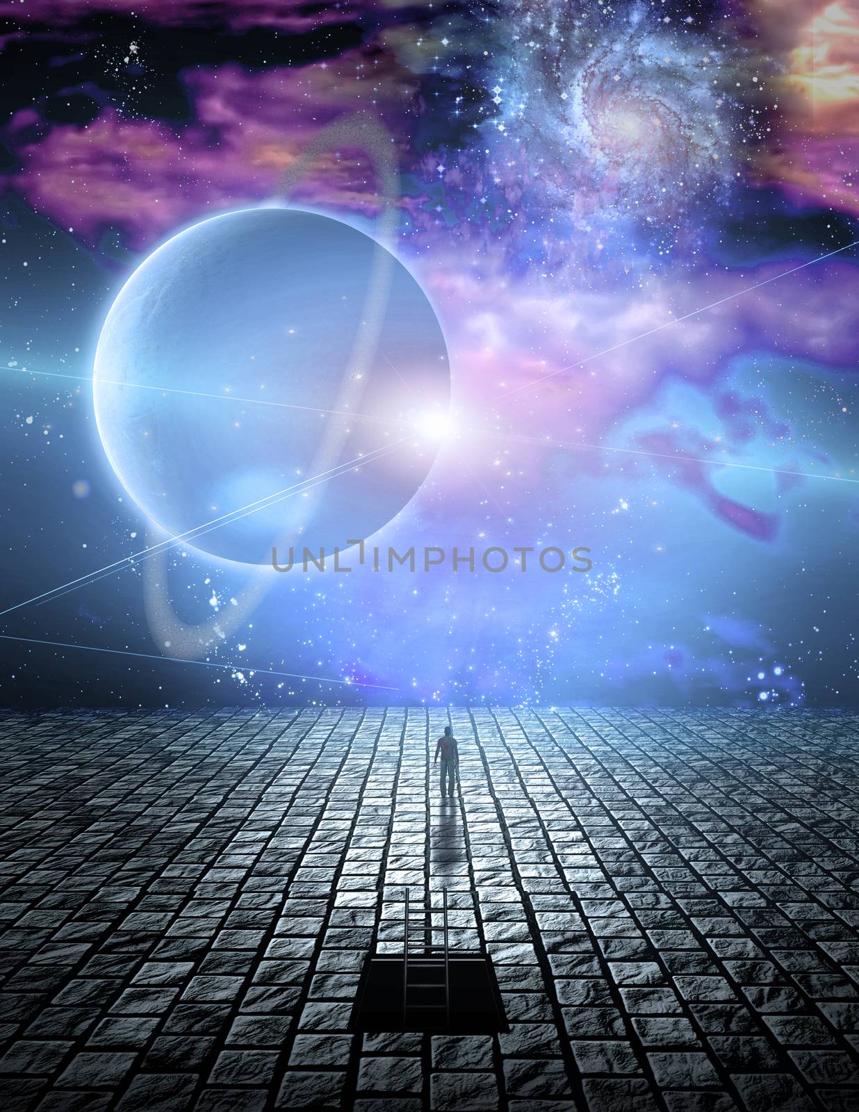 Man before mystery. Planets and galactic nebulae in colorful universe