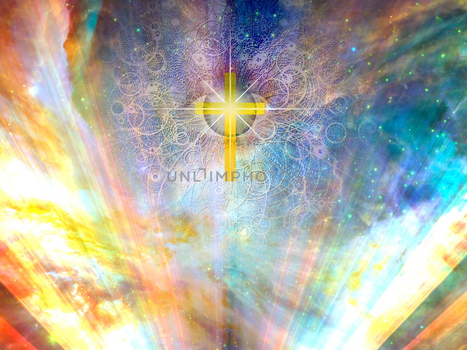 Golden cross in vivid sky and all seeing eye