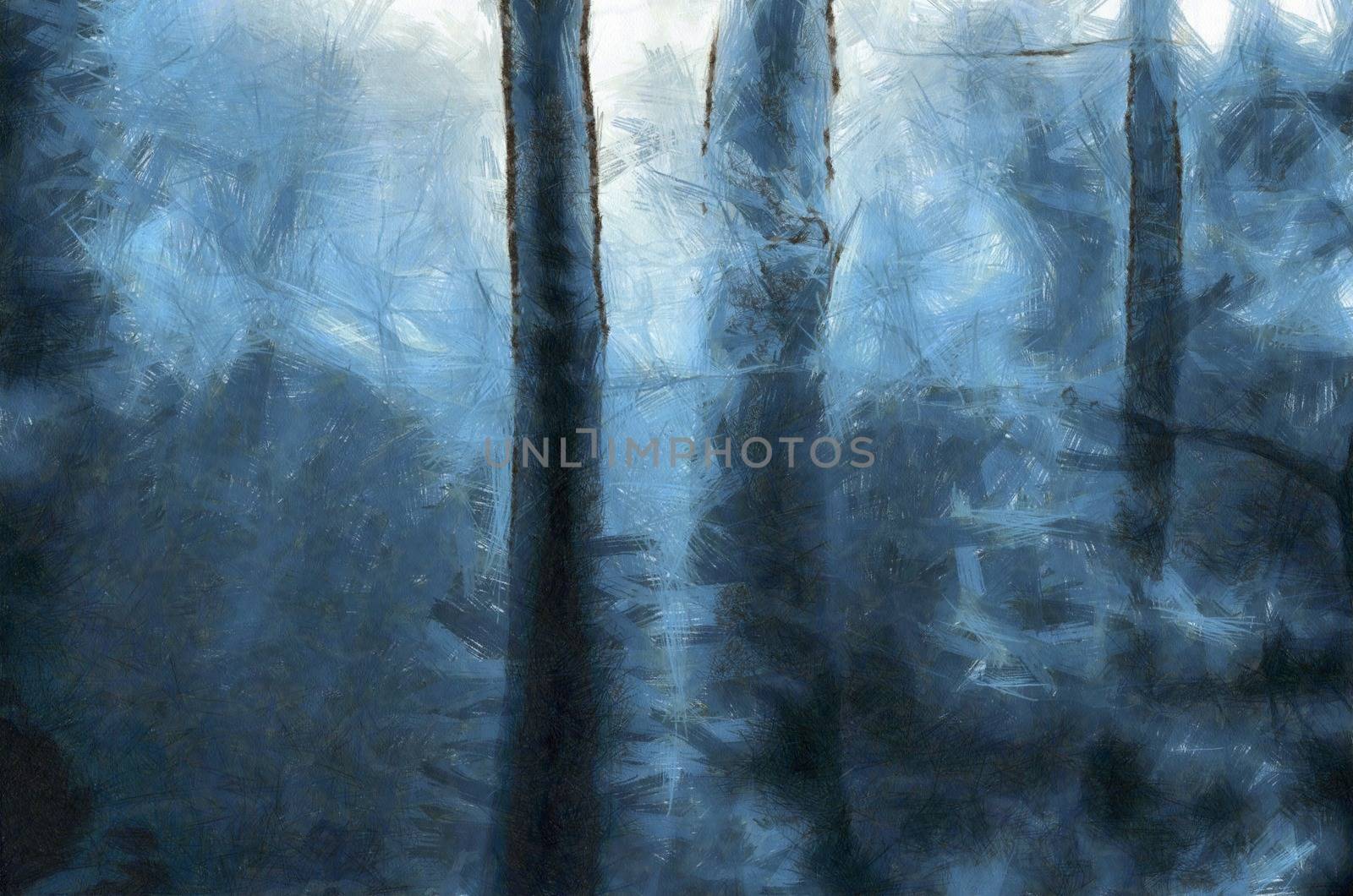 Surreal painting. Blue forest.