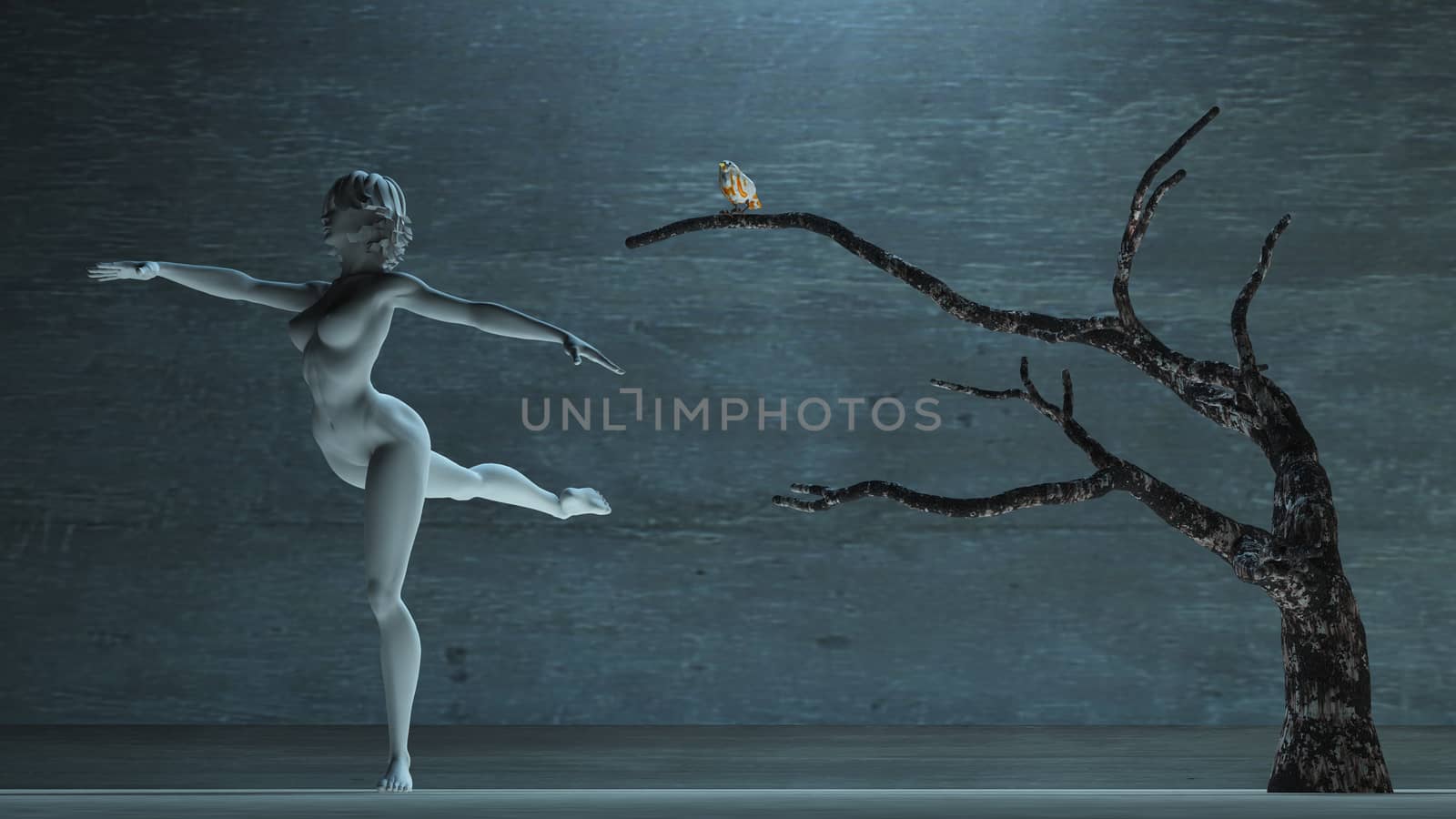Woman's white statue in dancing pose. Bird on  old tree
