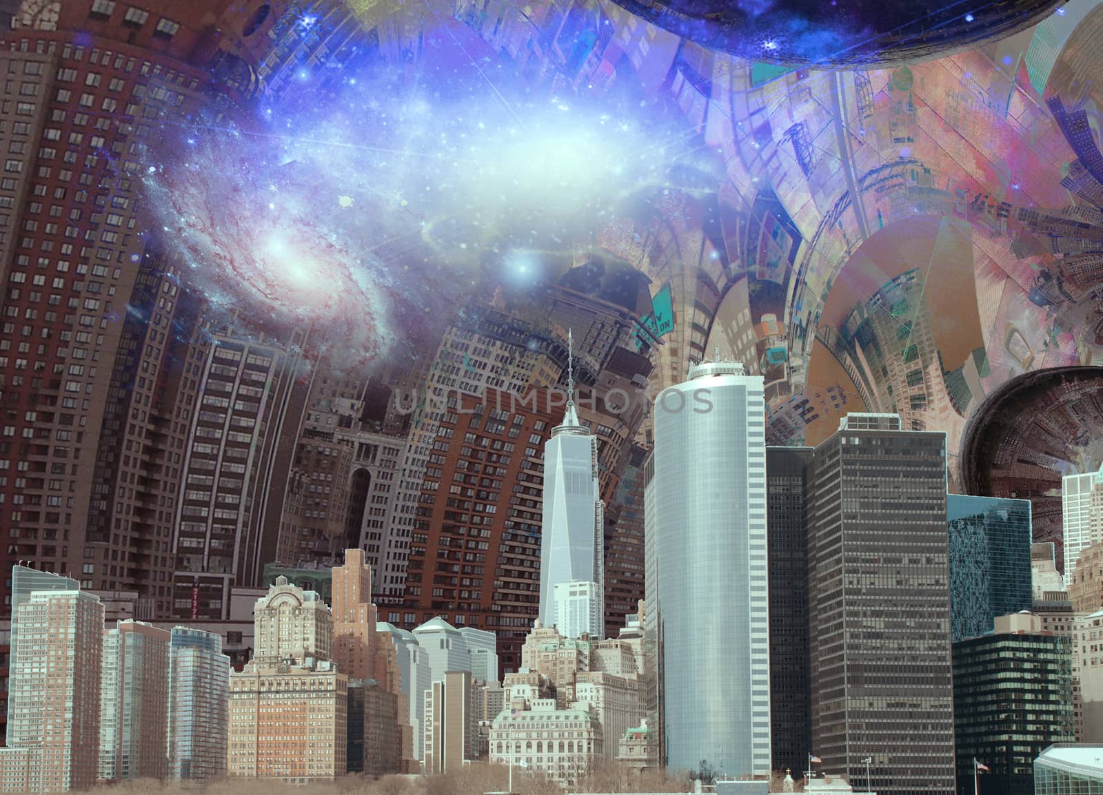 New York surreal composition. Warped space and galaxies