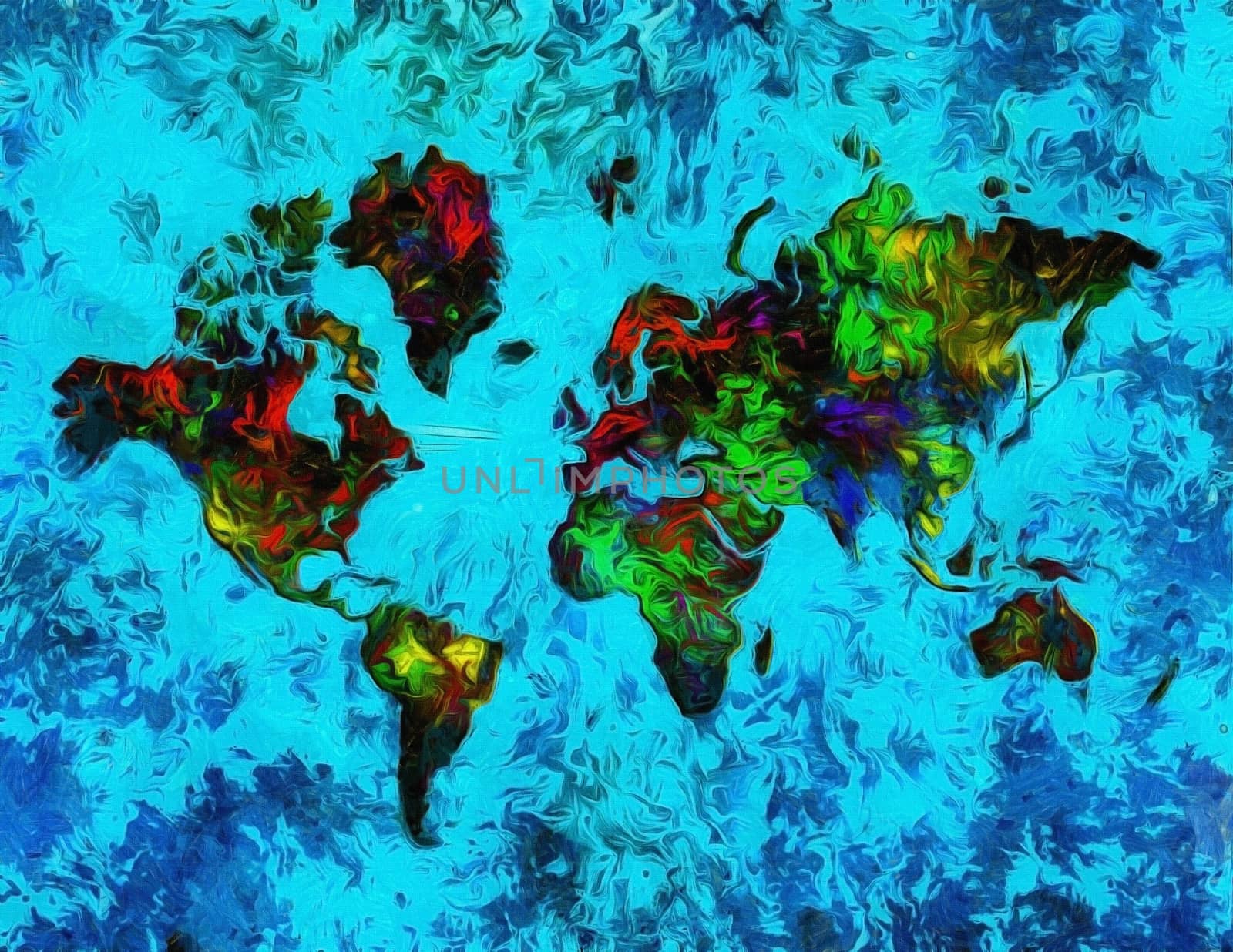 Oil painting. World map.