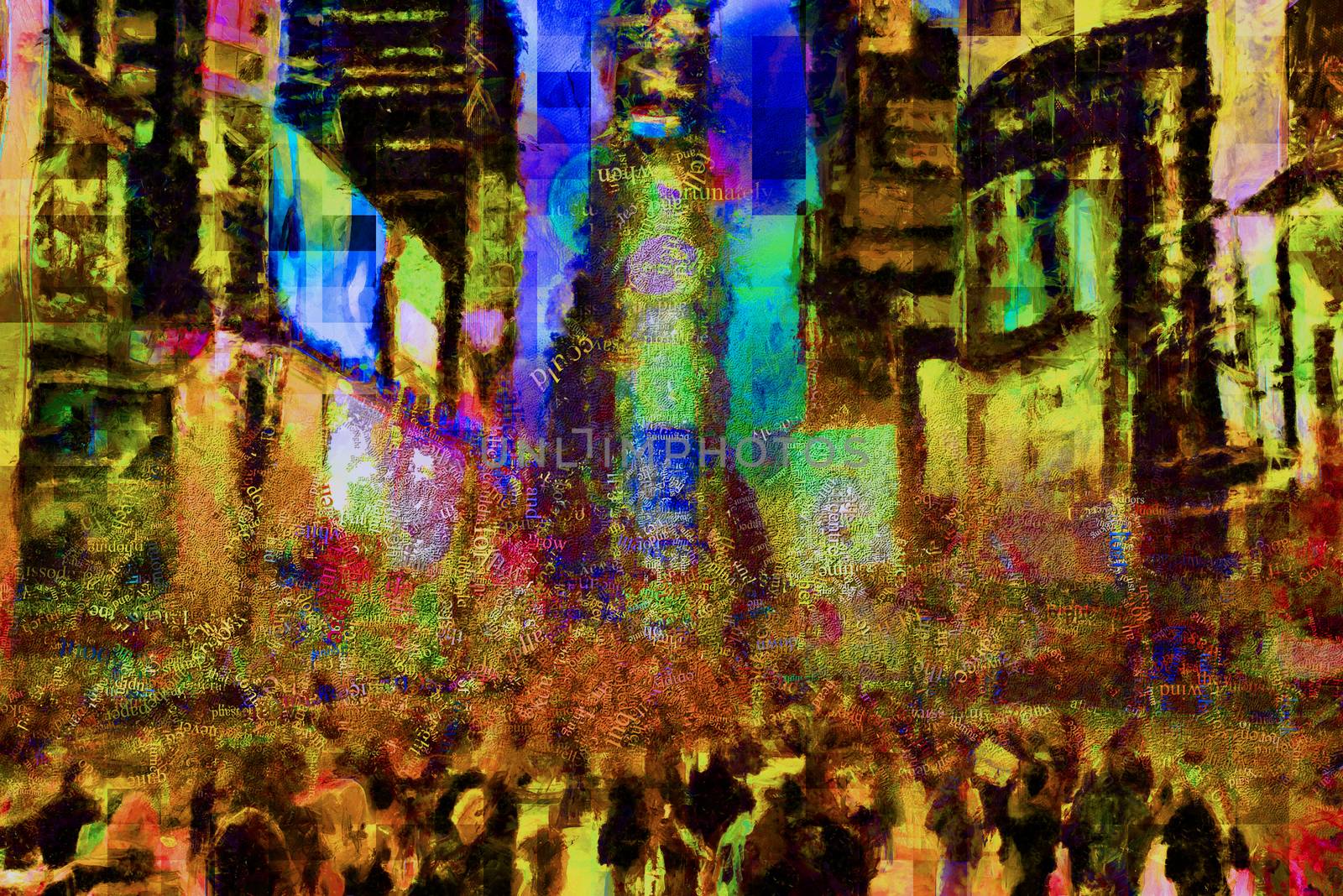 Abstract modern painting with words cloud. Times Square.