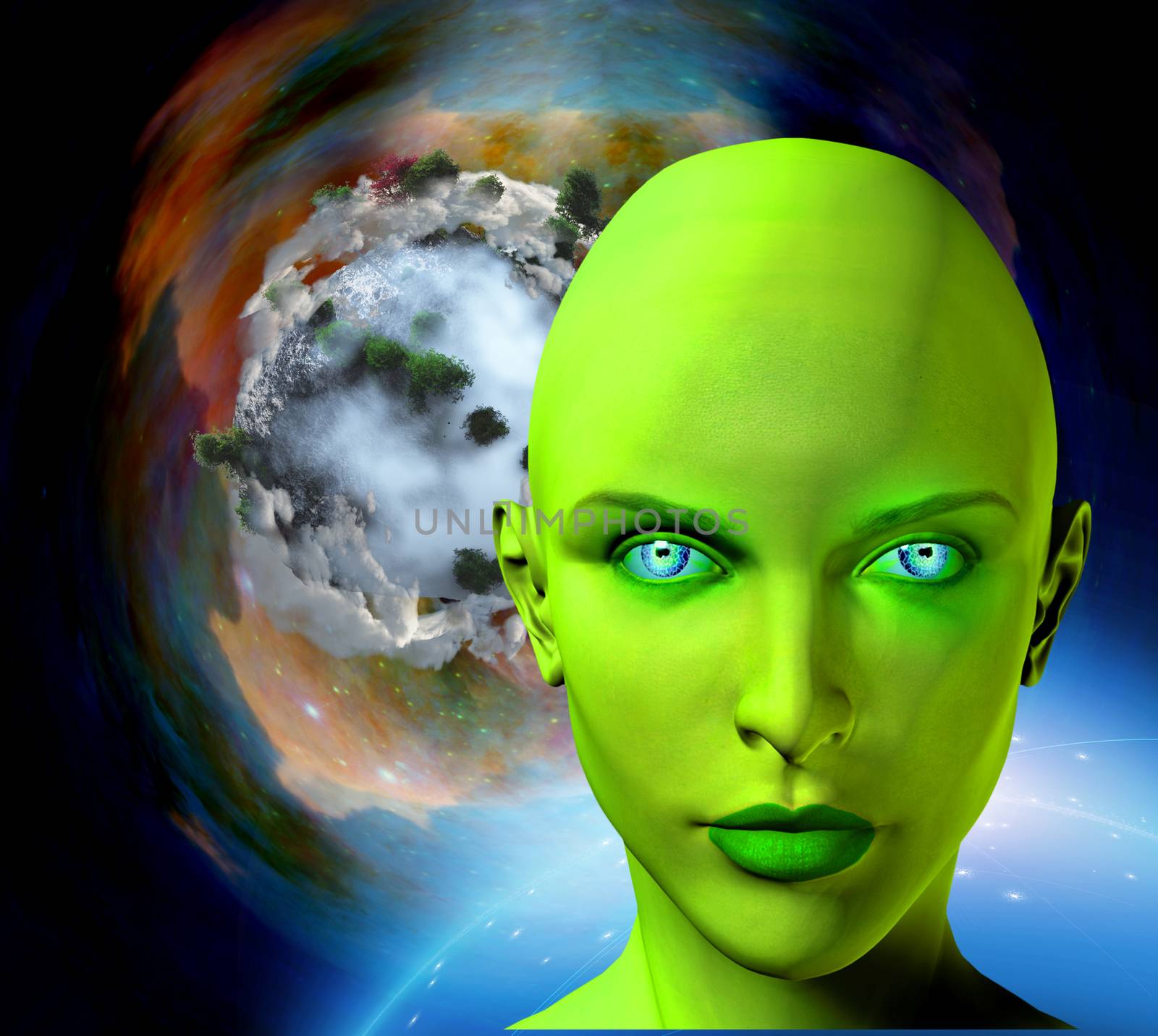 The face of female alien. Colorful universe and abstract exoplanet on a background.