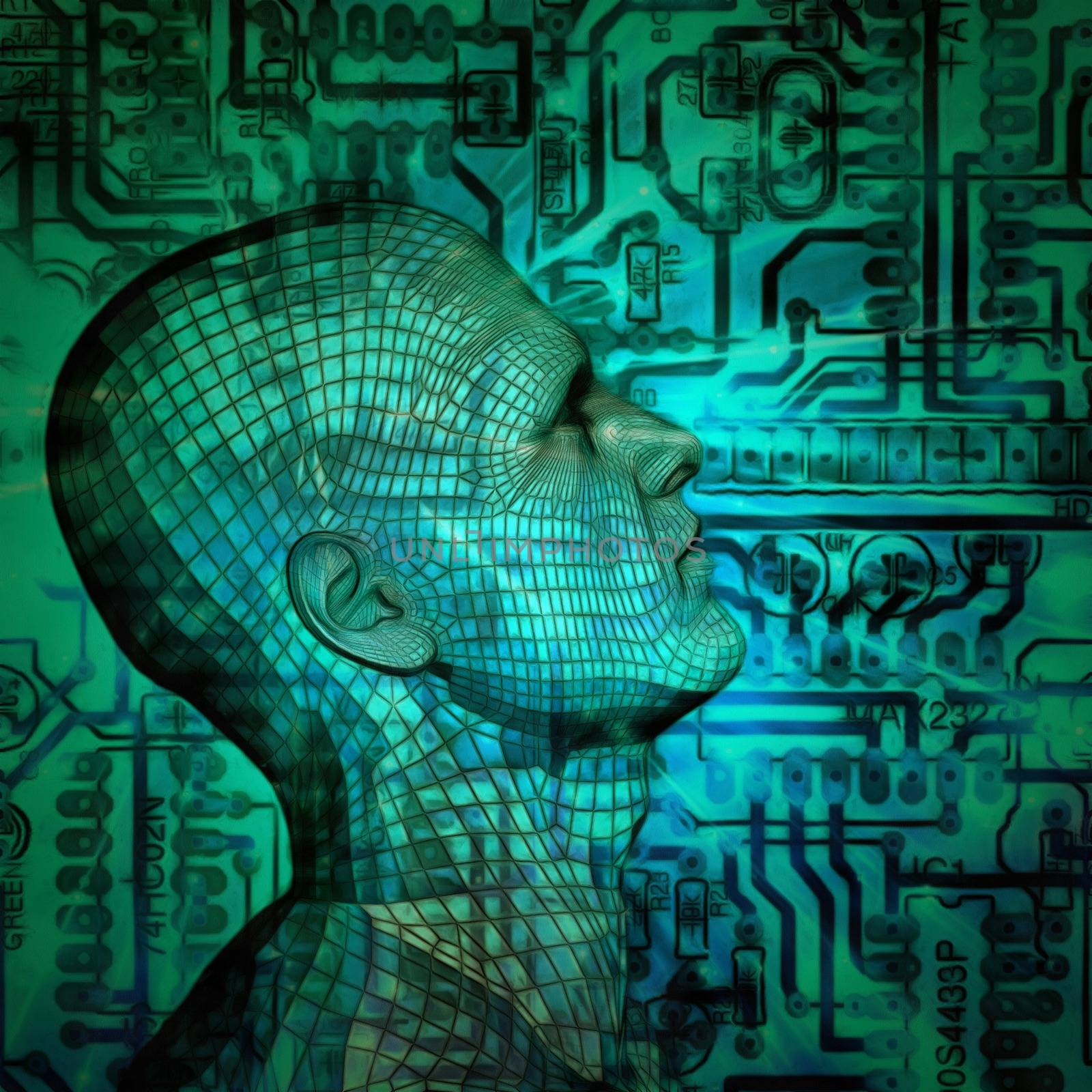 Surrealism. Cyborg man head with grid pattern, circuit board on a background.