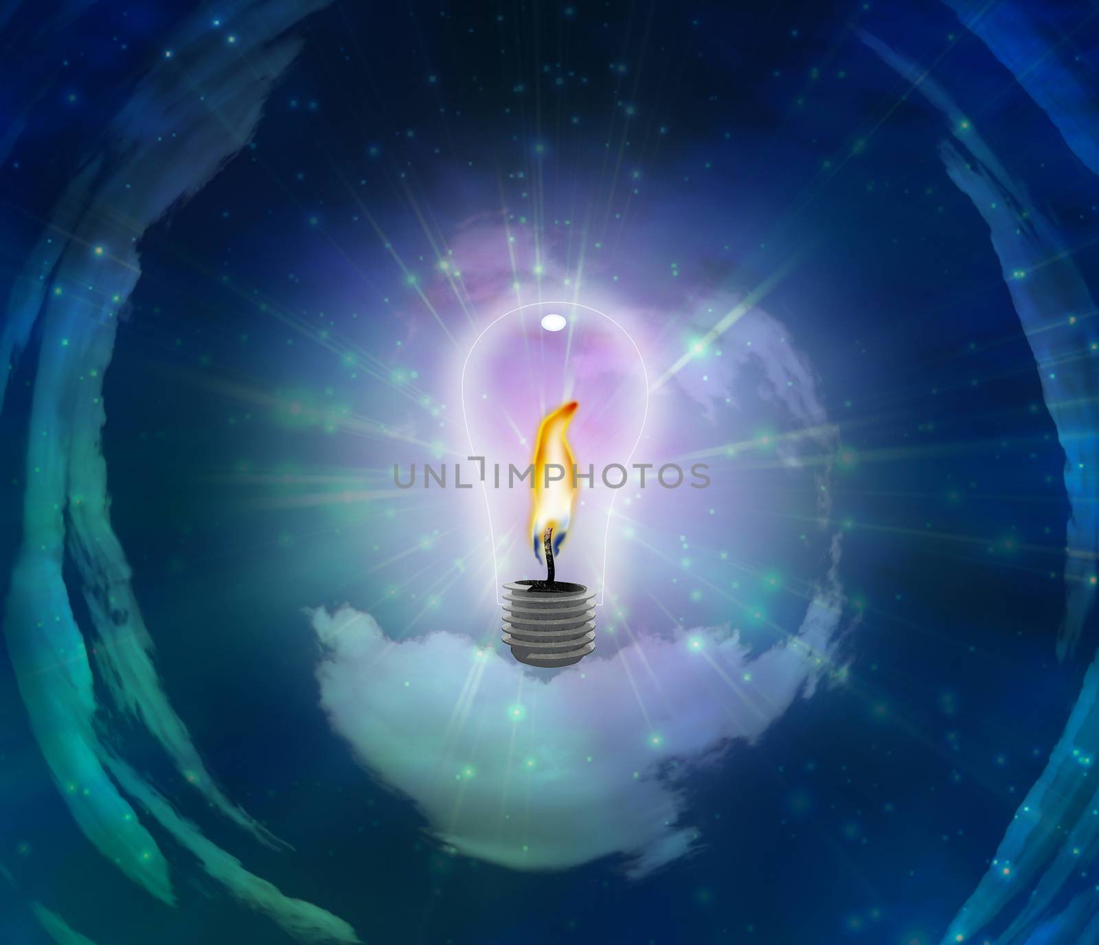 Light Bulb with Flame in Blue Sky