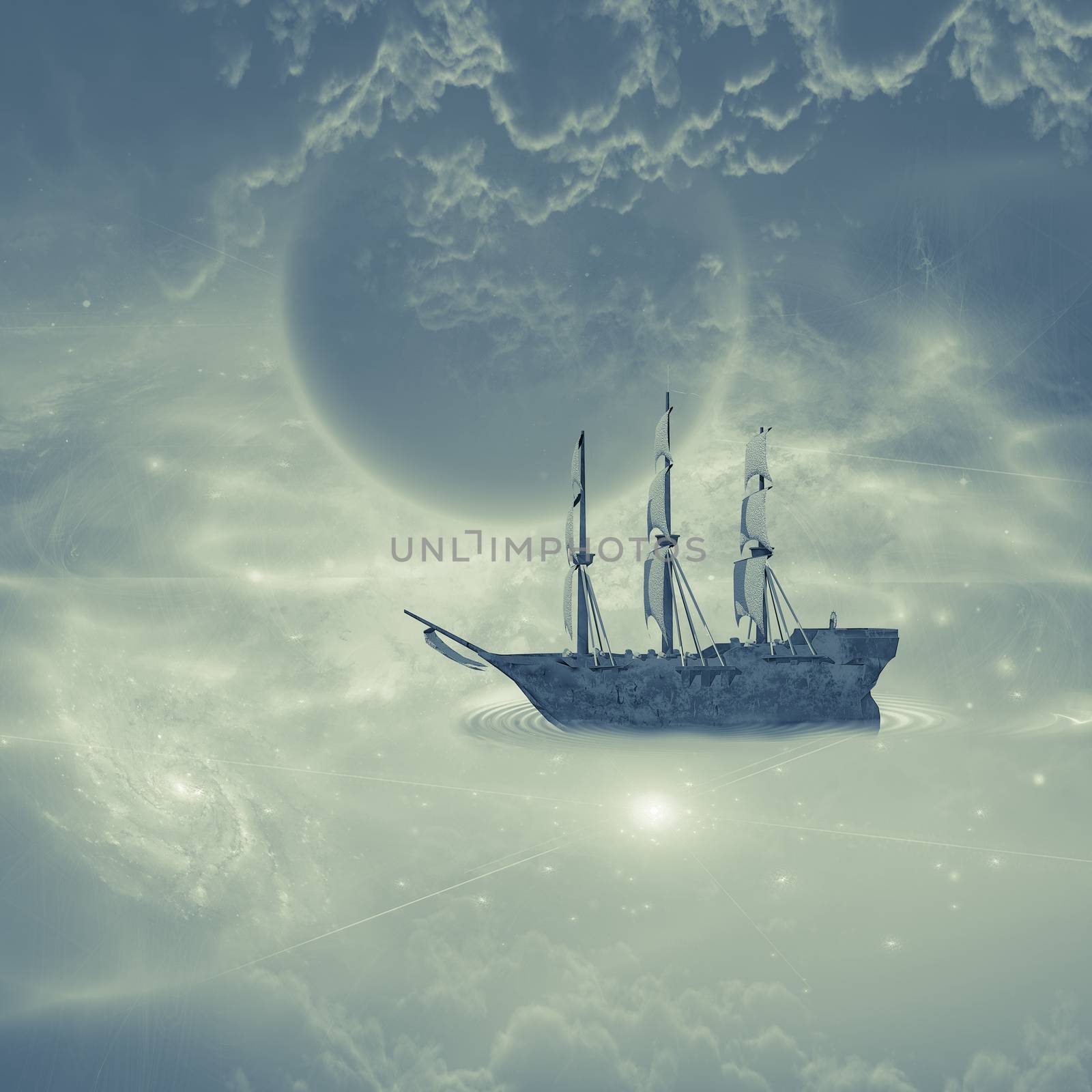 Sailing ship with full sails in fantastic sky scene
