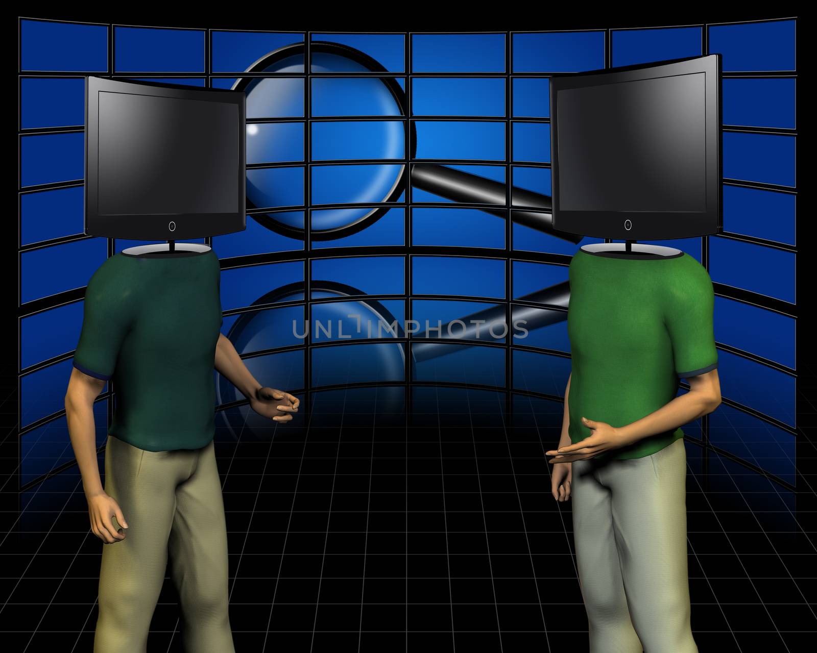 Surrealism. Two men with TV screens instead of head makes a dispute. Wall of screens and magnifier on a background.